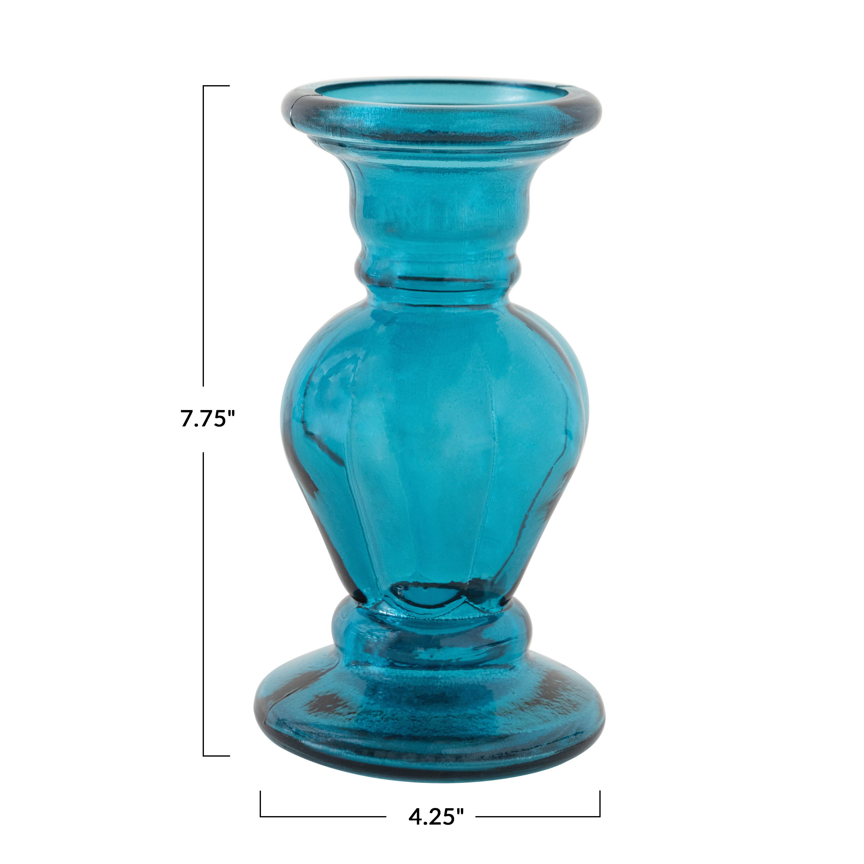 8" Aqua Blue Recycled Glass Pillar Candle Holder