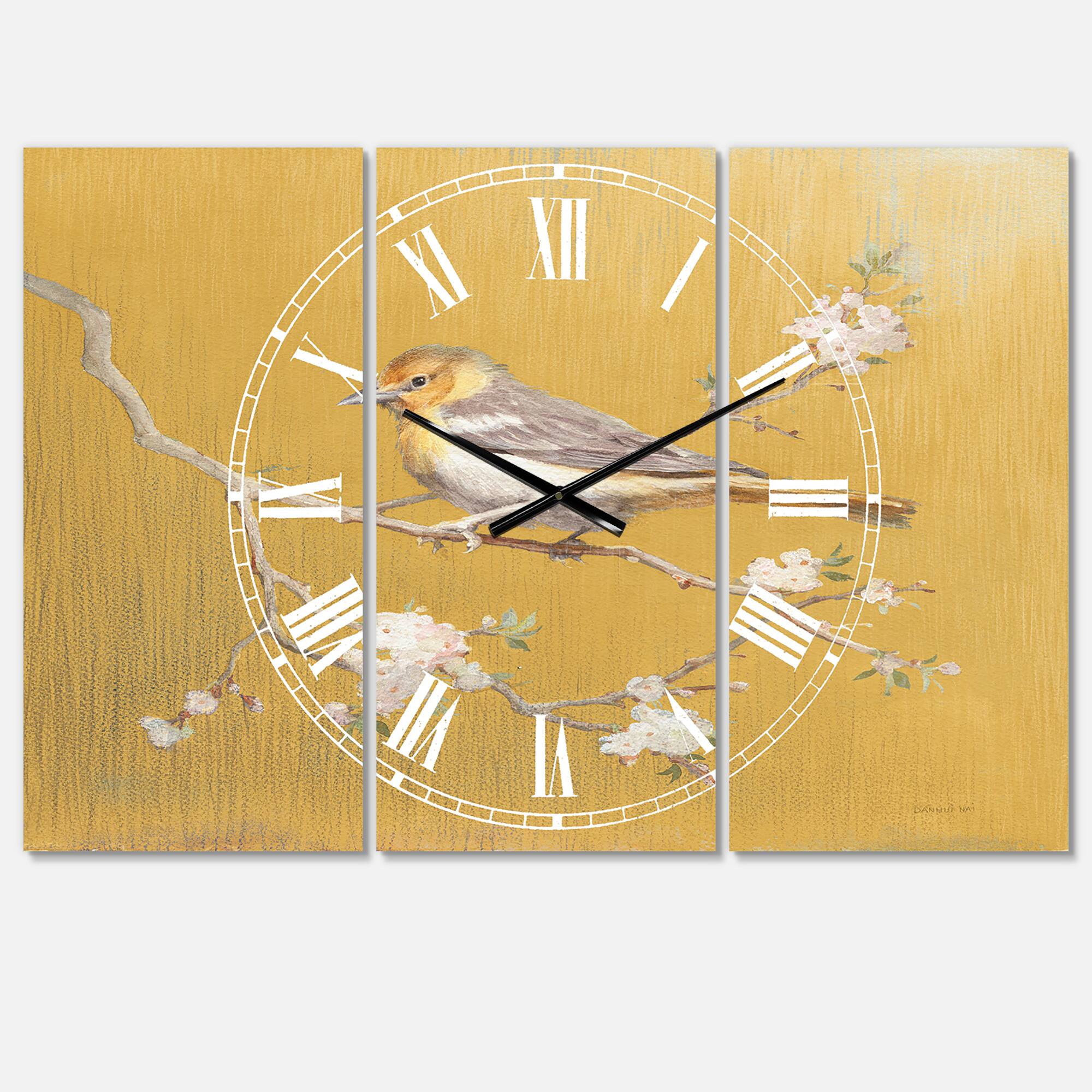 Designart Gold Bird On Blossoms Traditional 3 Panel Wall Clock