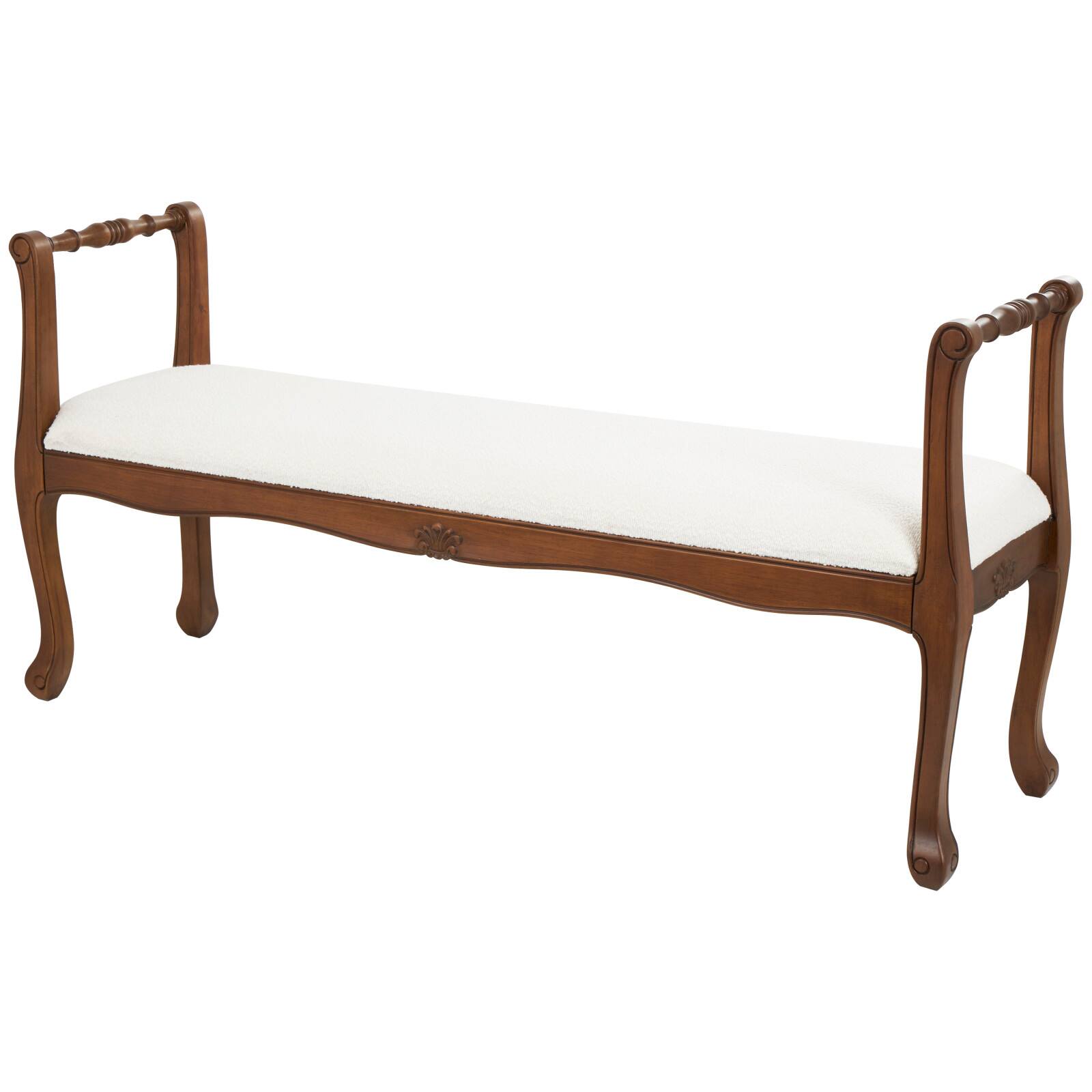 55&#x22; Cream Fabric Arm Bench with Brown Traditional Wood Turned Legs