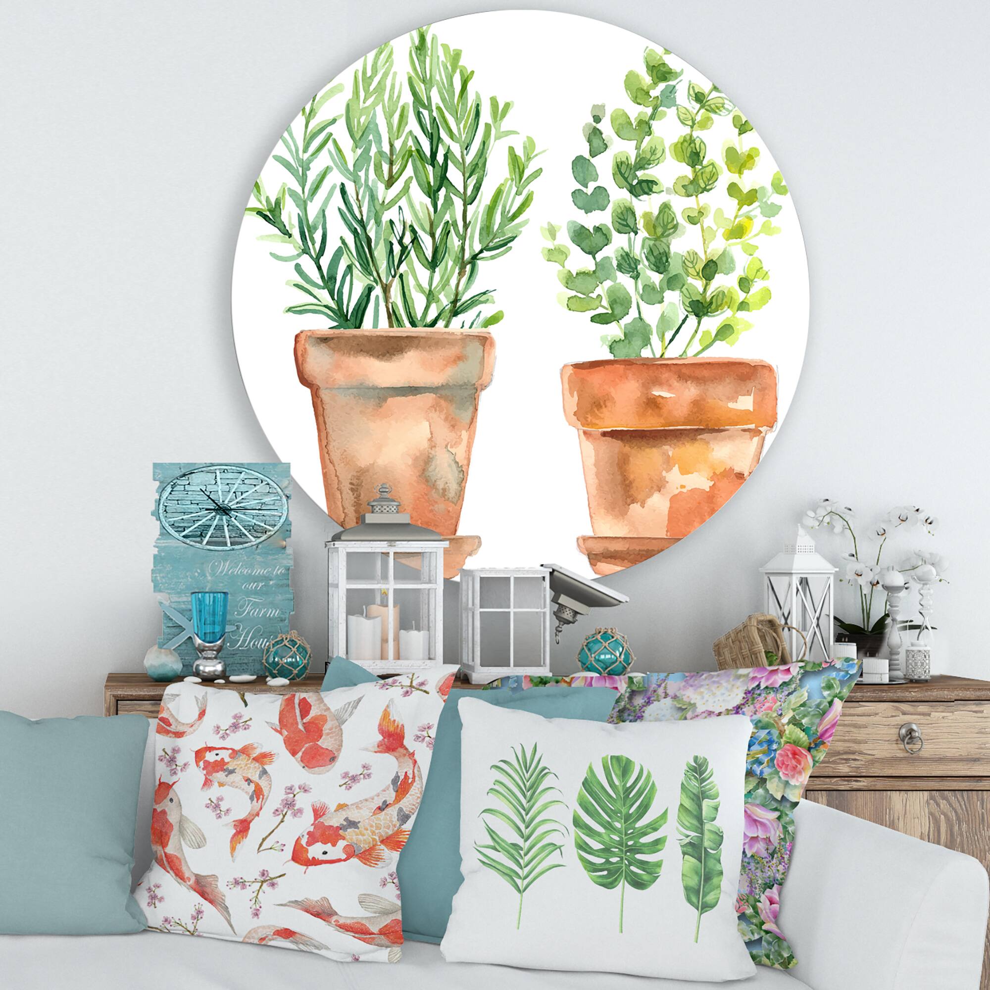 Designart - Two Green House Plants In Orange Flower Pots - Traditional Metal Circle Wall Art