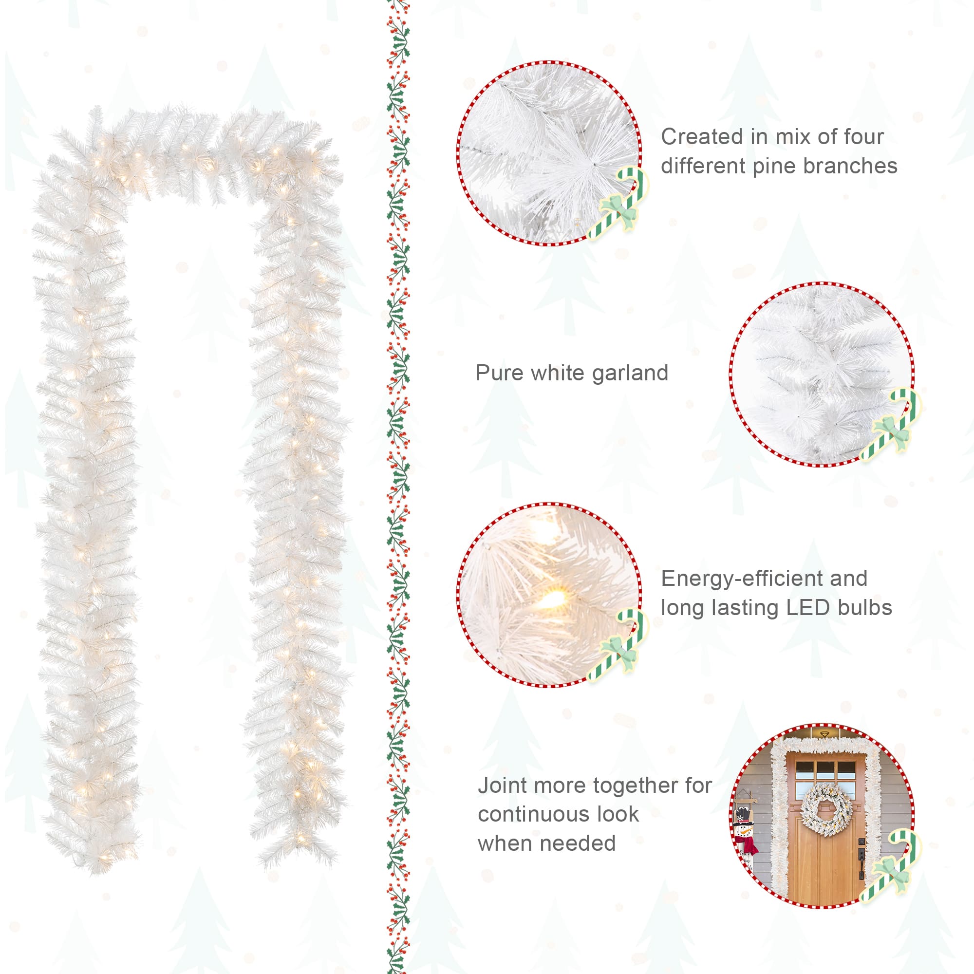 Glitzhome&#xAE; 9ft. Pre-Lit White Pine Christmas Garland with LED Lights and Timer