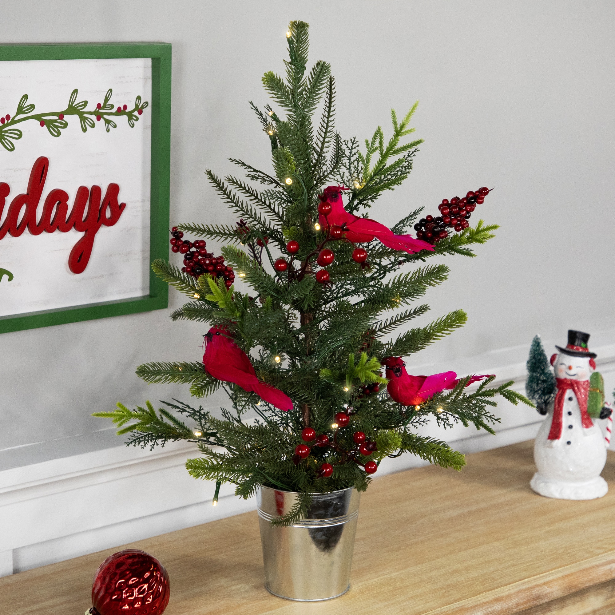 2ft. Pre-Lit Potted Mixed Pine, Berry & Cardinals Christmas Tree, Warm White LED Lights