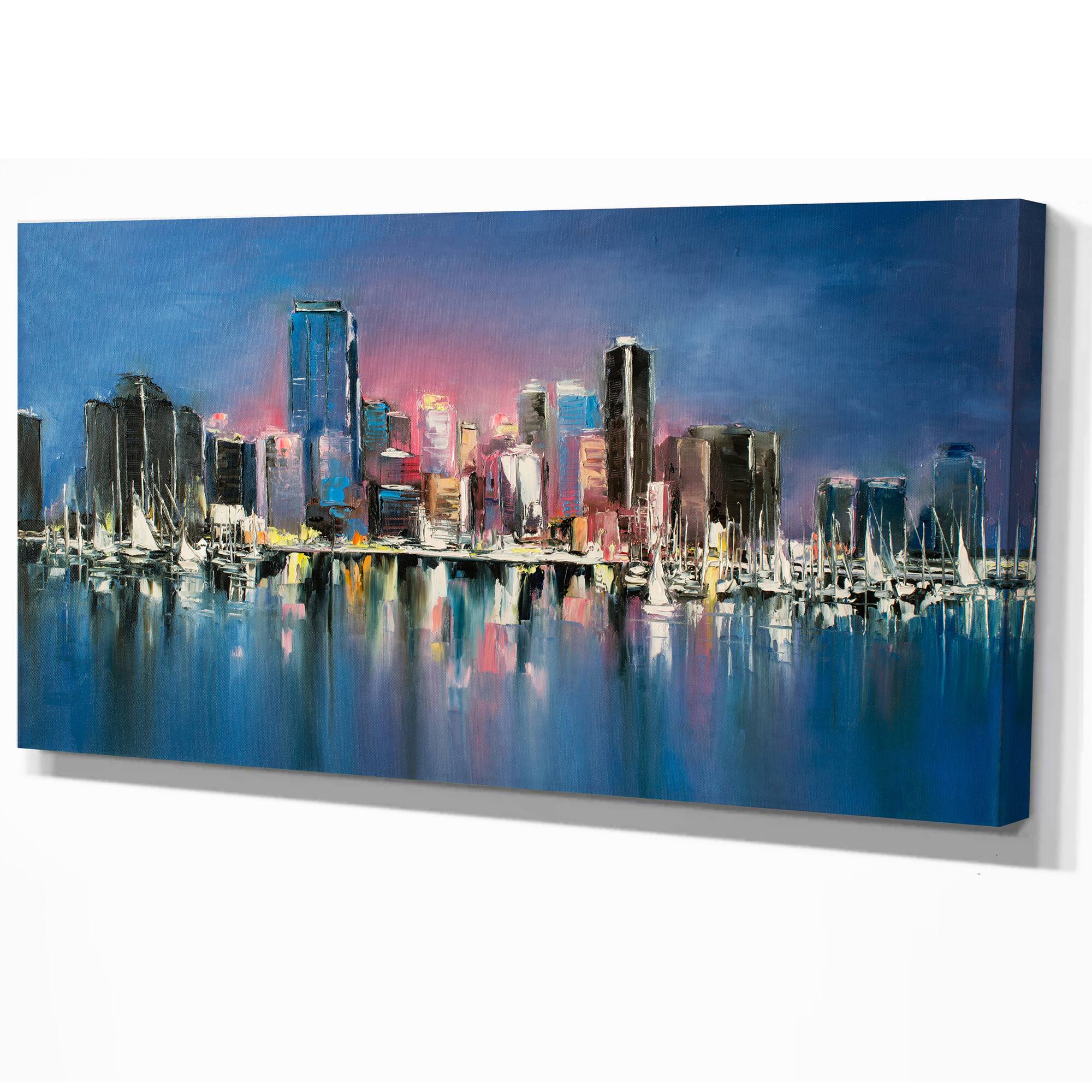 Designart - Coastal City Fantasy Night Scene in Oil Painting - Cityscapes Painting Print on Wrapped Canvas
