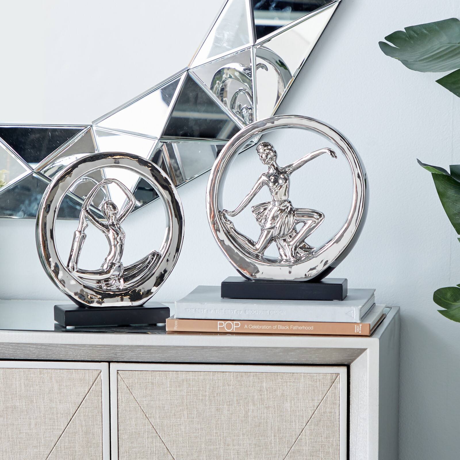 Set of 2 Silver Porcelain Contemporary Yoga Sculpture, 10.5", 11.25"