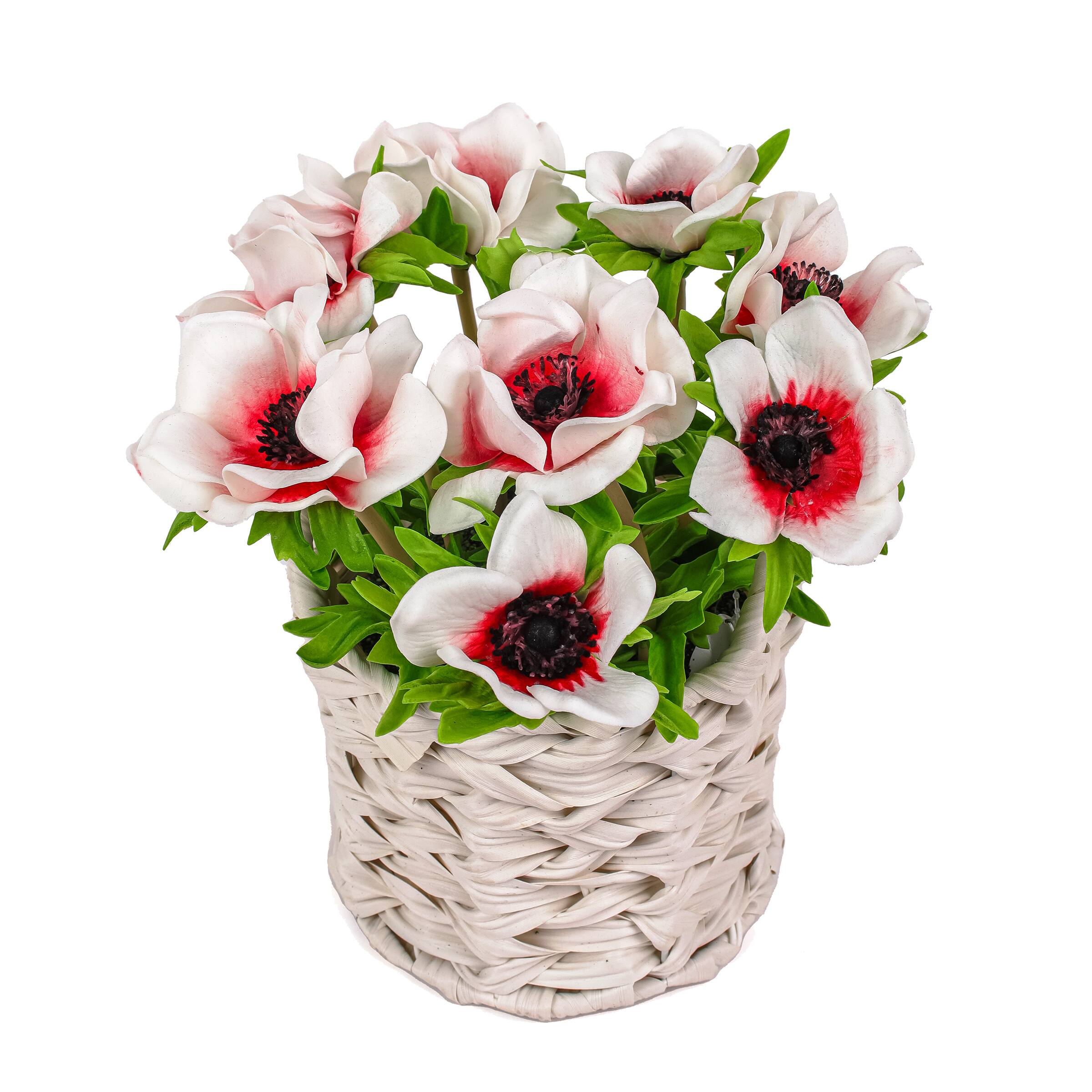 10" Anemone Flower Bouquet In White Basket