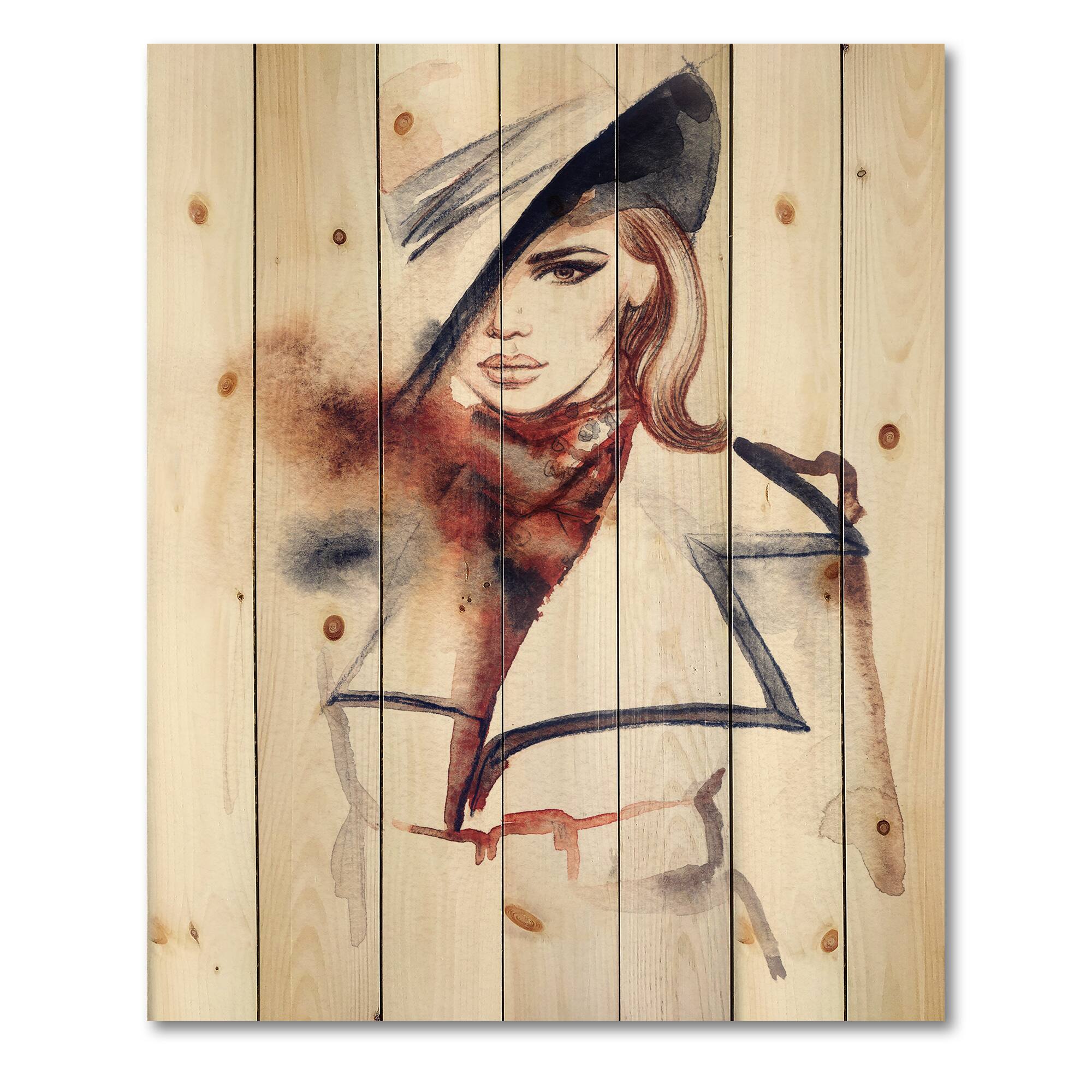 Designart - Fashion Portrait of Woman With Ht - Modern Print on Natural Pine Wood