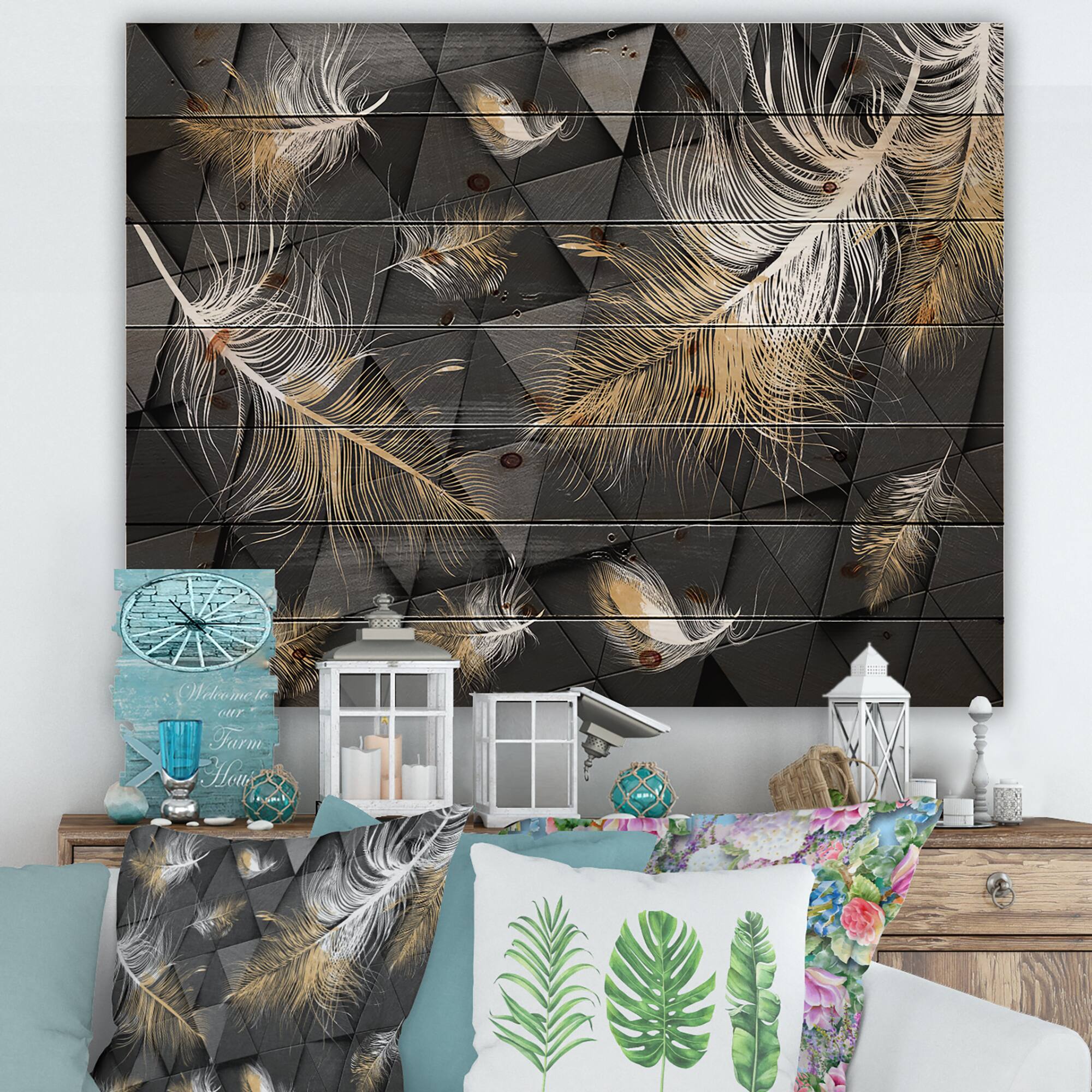 Designart - White and Gold Feathers On Triangular - Modern Print on Natural Pine Wood
