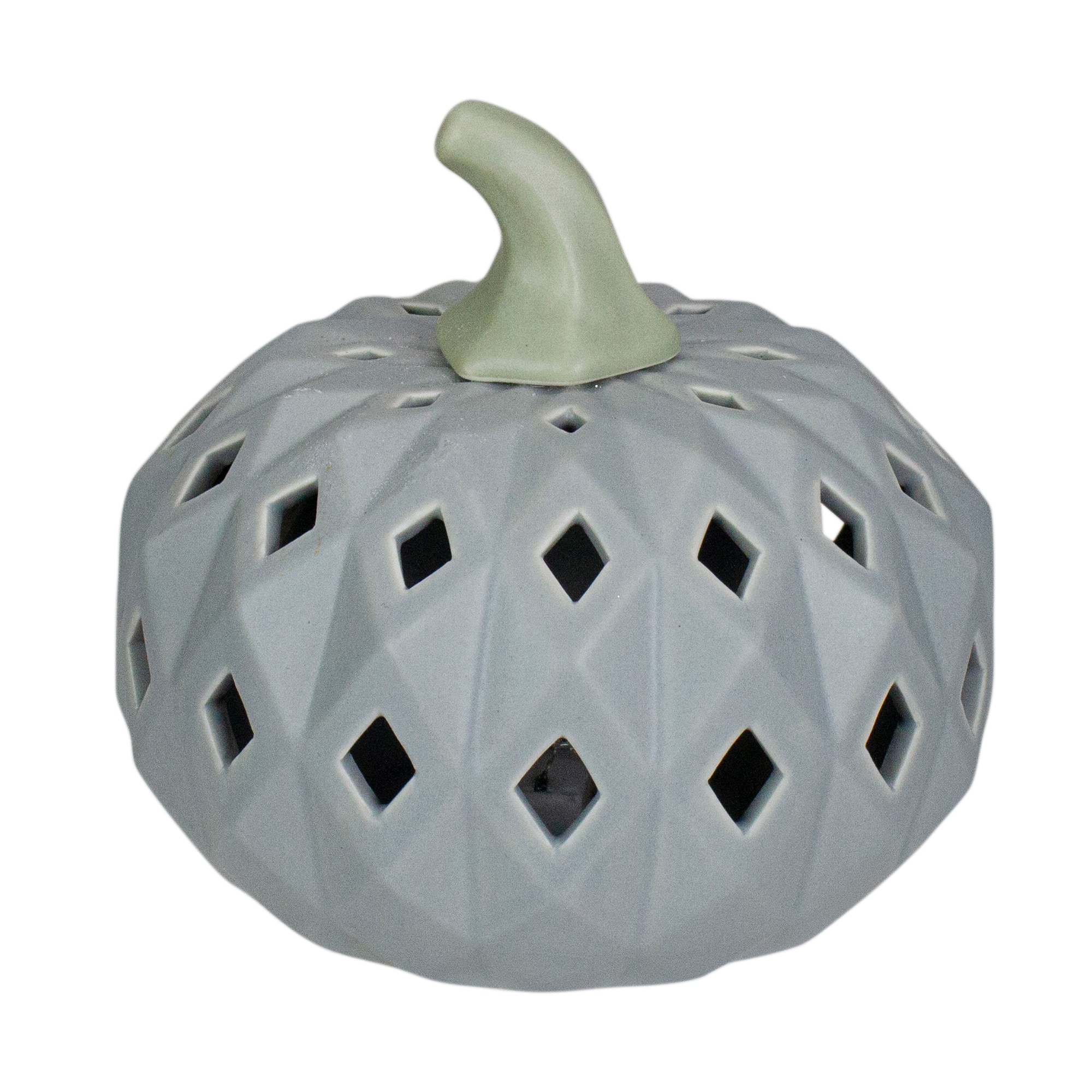 5" Gray & Green Lighted Fall Harvest Ceramic Pumpkin