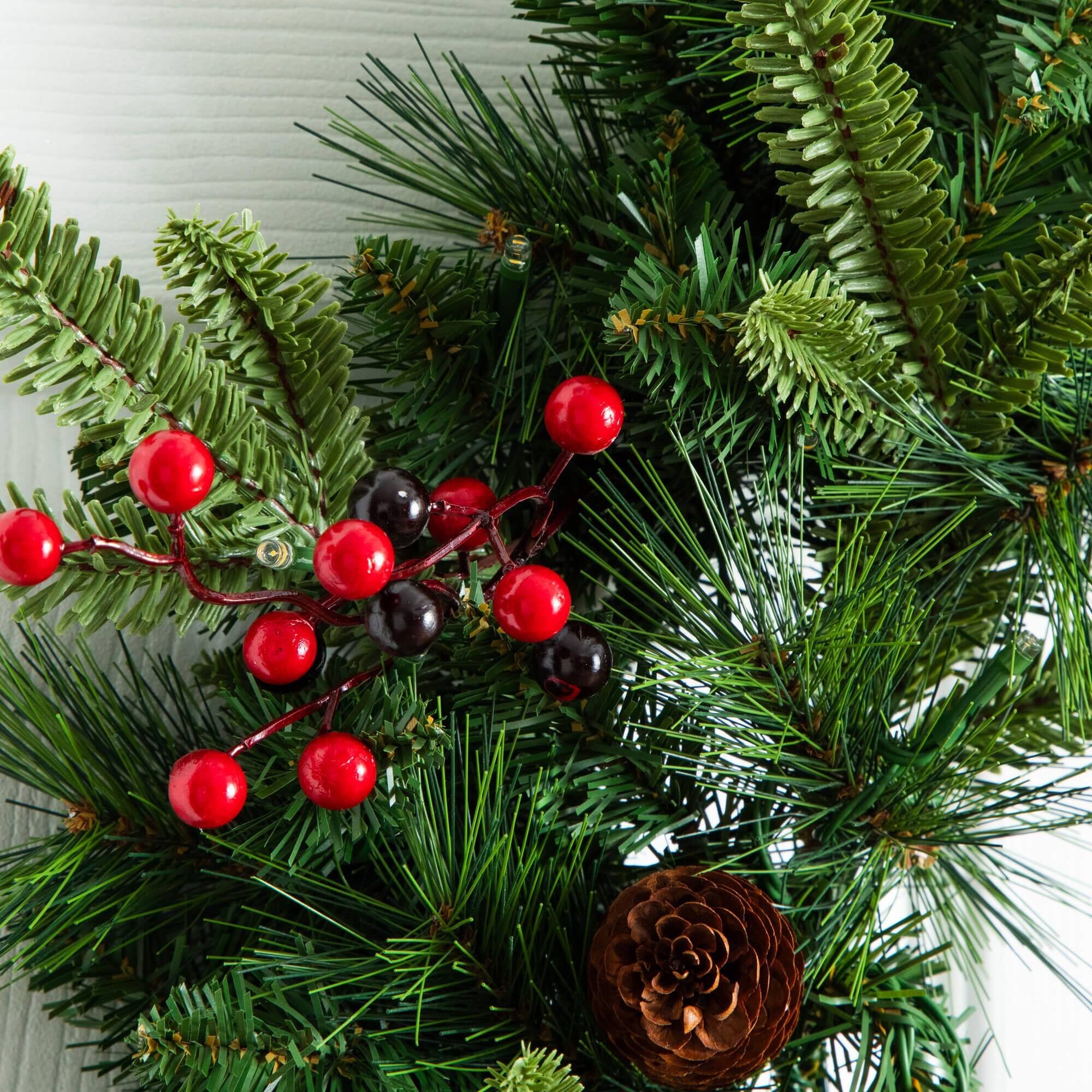 5 Piece Pre-Lit Norfolk Pine Artificial Tree, Garland and Wreath Set with Warm White LED Lights and Decorative Pots