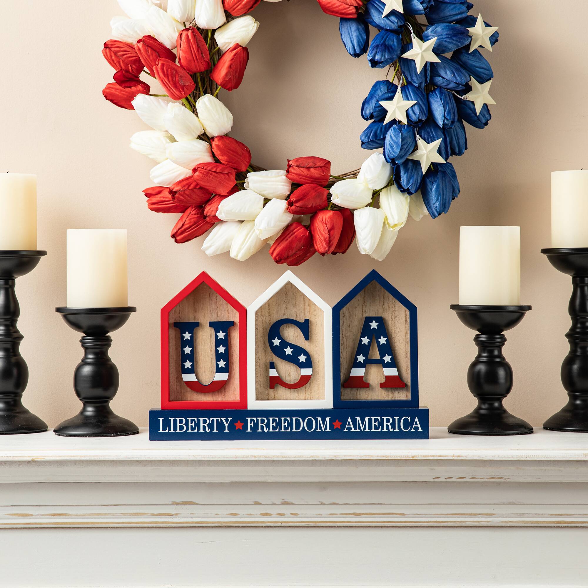 Glitzhome&#xAE; 13&#x22; Liberty, Freedom, America House-Shaped Tabletop D&#xE9;cor