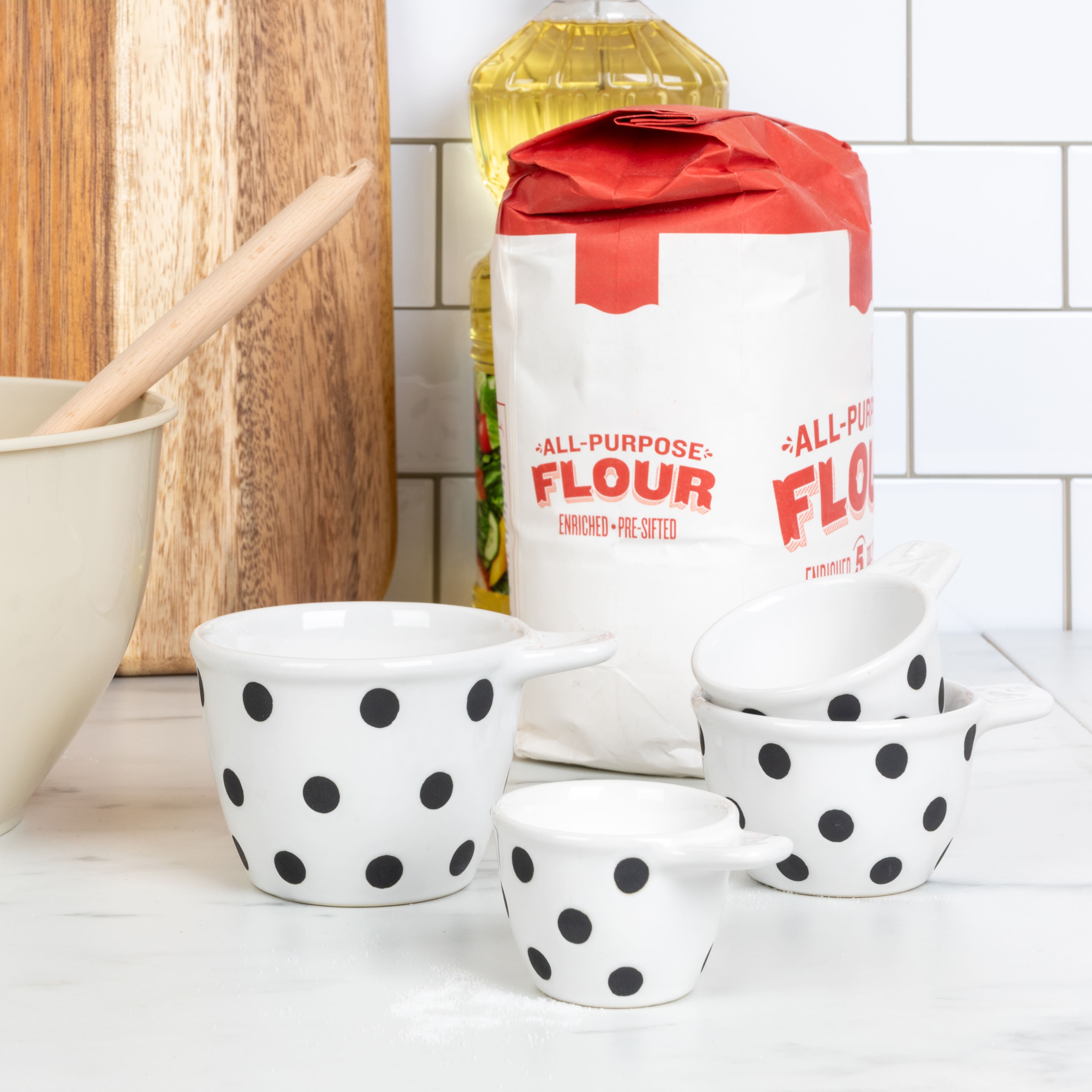 Black &#x26; White Polka Dot Ceramic Measuring Cup Set