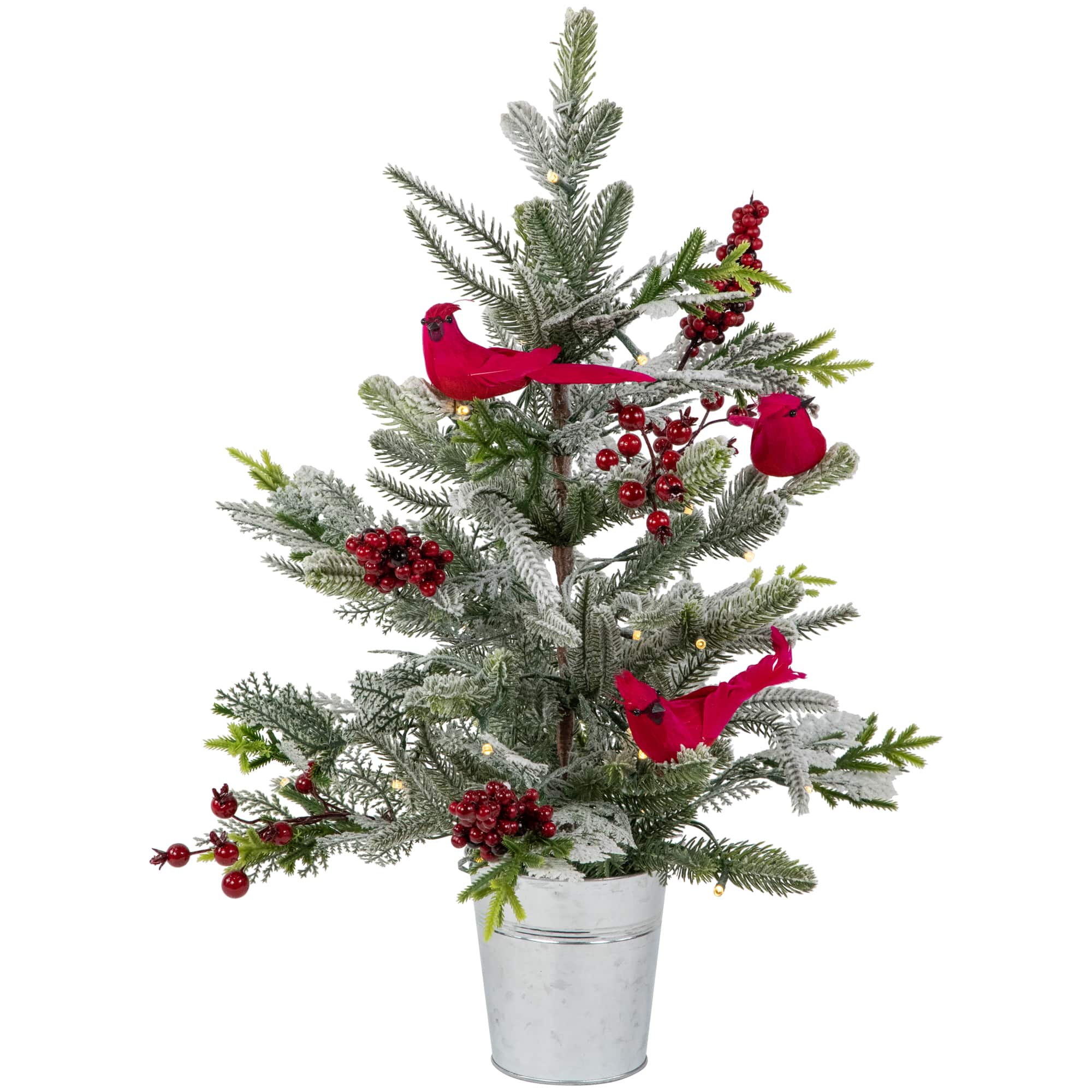 2ft. Pre-Lit Potted Frosted Mixed Pine with Cardinals Christmas Tree, Warm White LED Lights