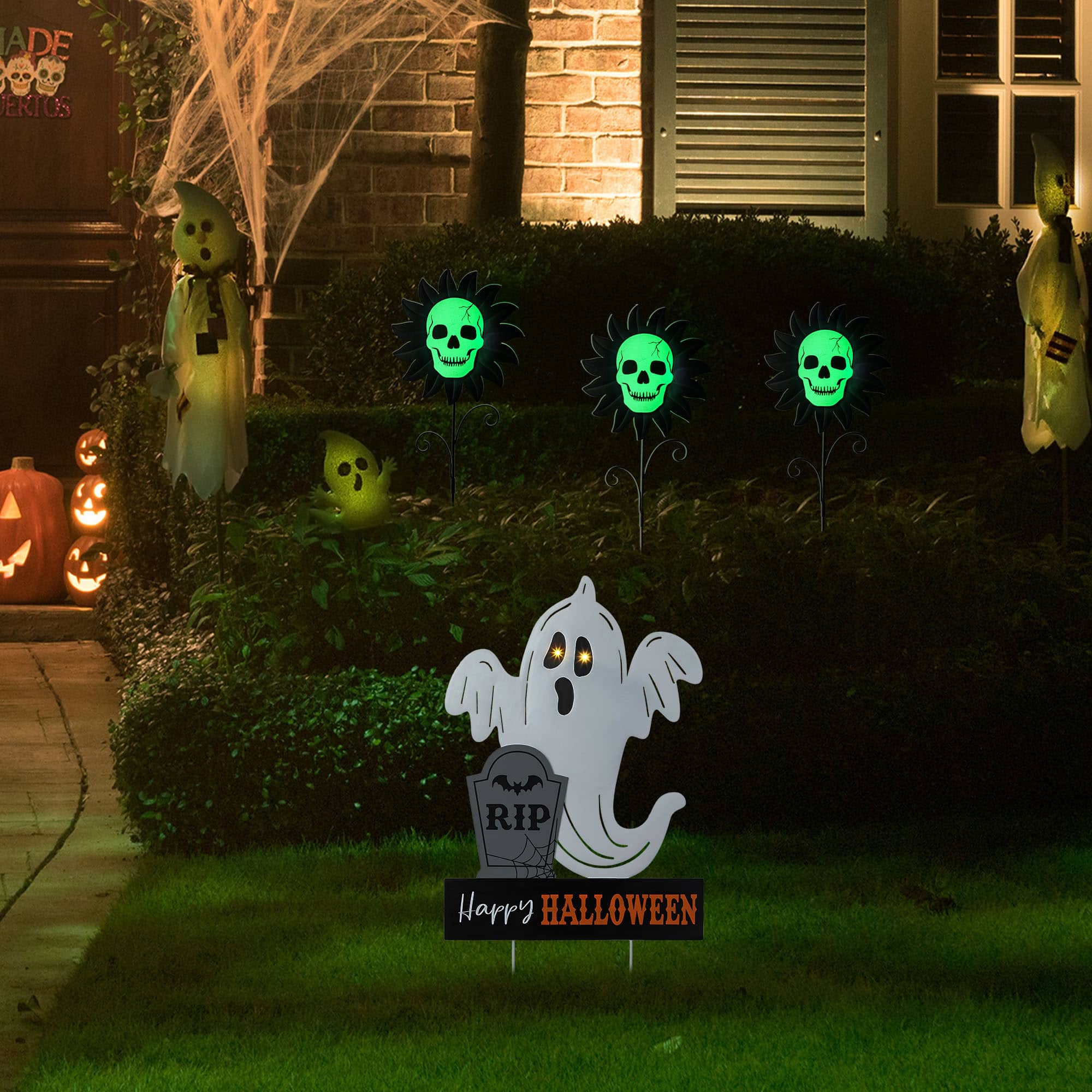 Glitzhome&#xAE; 32.25&#x22;H Lighted Halloween Metal Ghost Tombstone Yard Stake with Timer