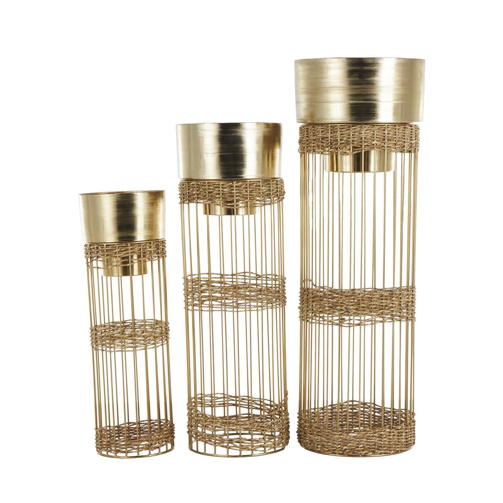 Gold Metal Textured Cylindrical Dome Planter &#x26; Pedestal Base Set