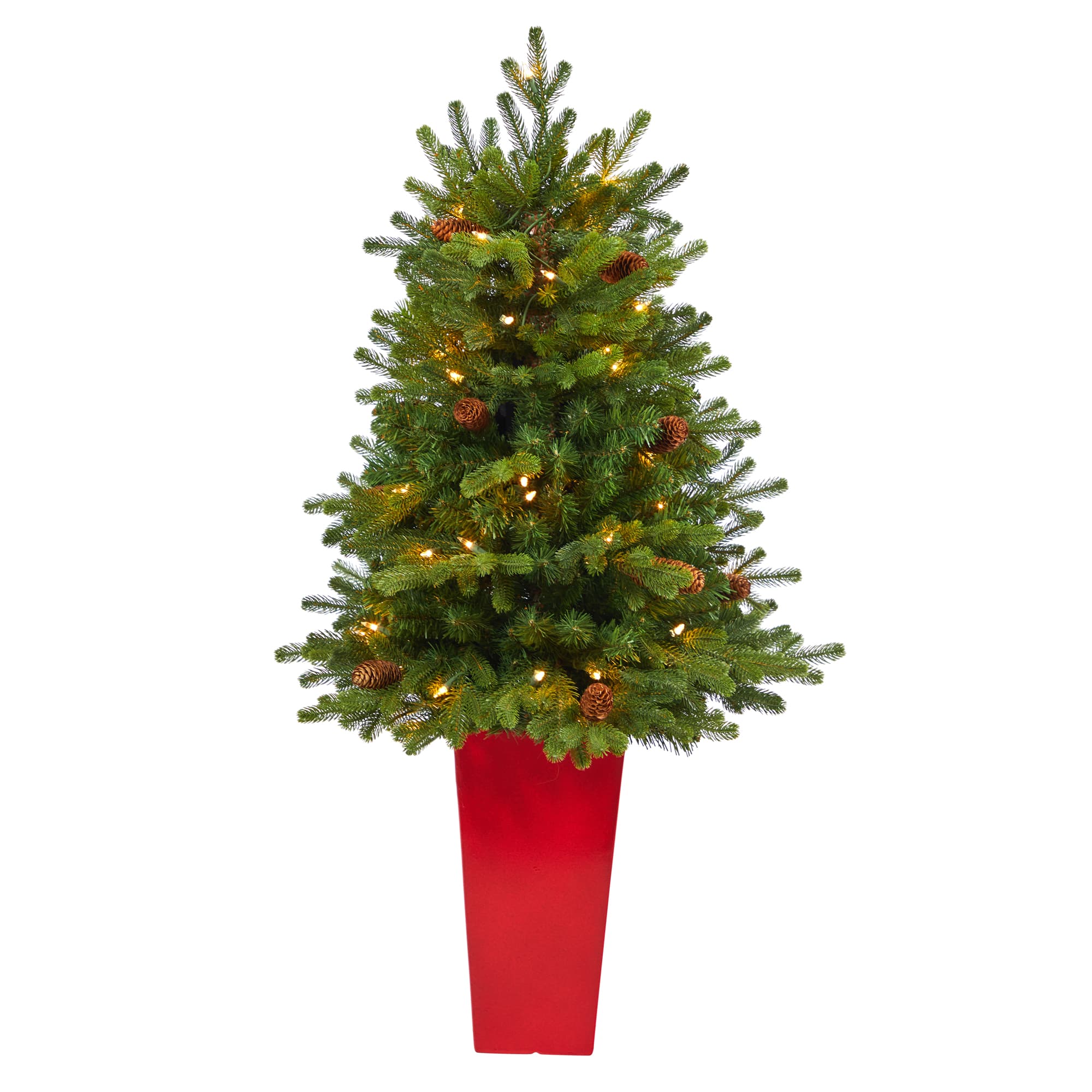 3.5ft. Pre-Lit Yukon Mountain Fir Artificial Christmas Tree in Red Planter, Clear Lights
