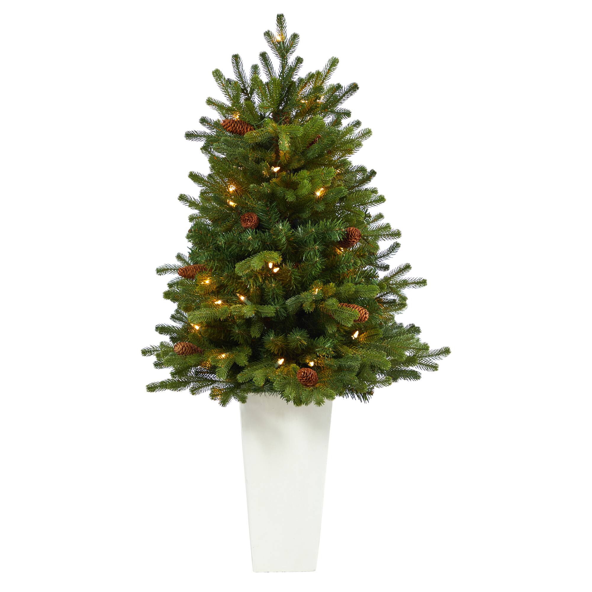 3.5ft. Pre-Lit Yukon Mountain Fir Artificial Christmas Tree in White Planter, Clear Lights