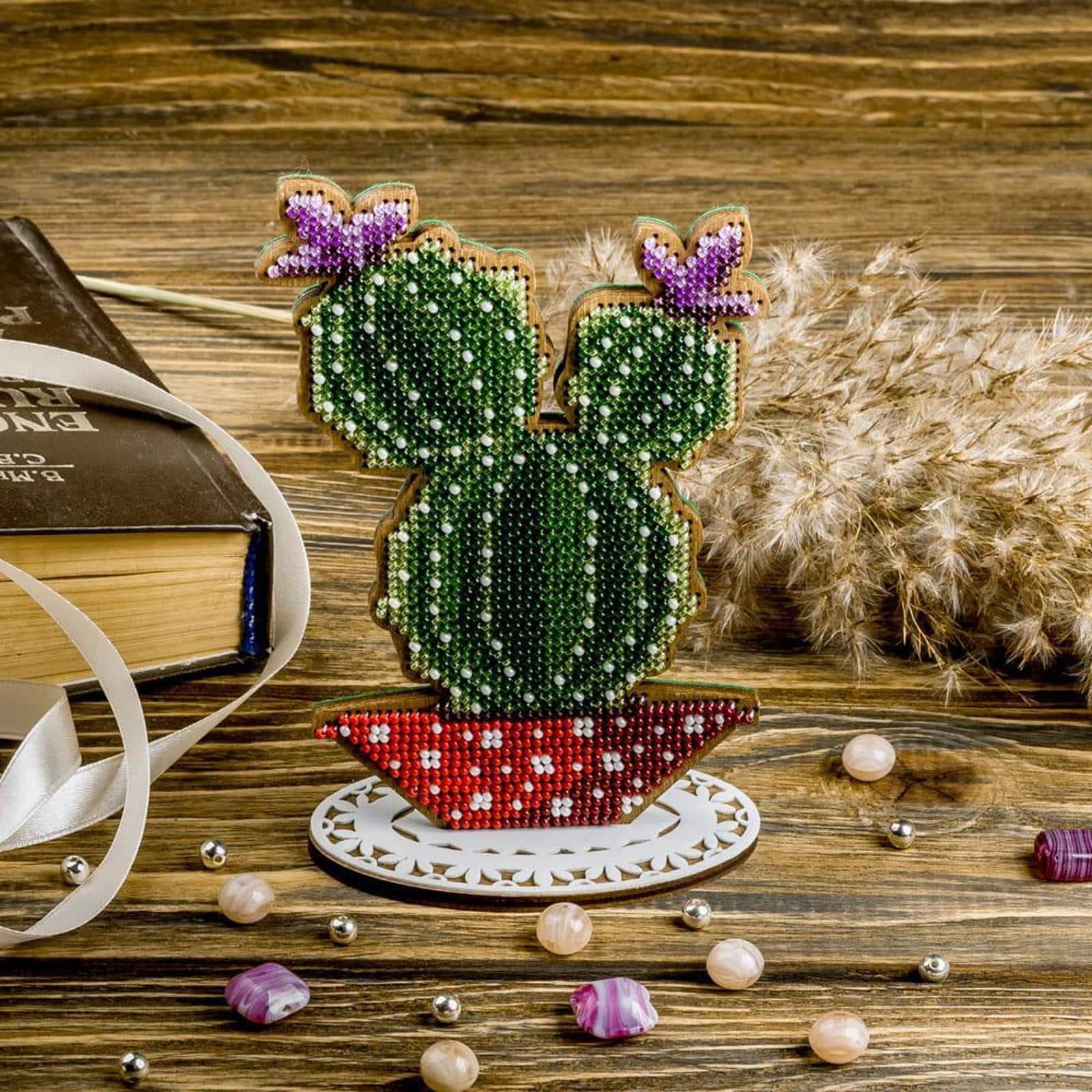 Wonderland Crafts Cactus in Red Bowl Bead Embroidery on Wood Kit