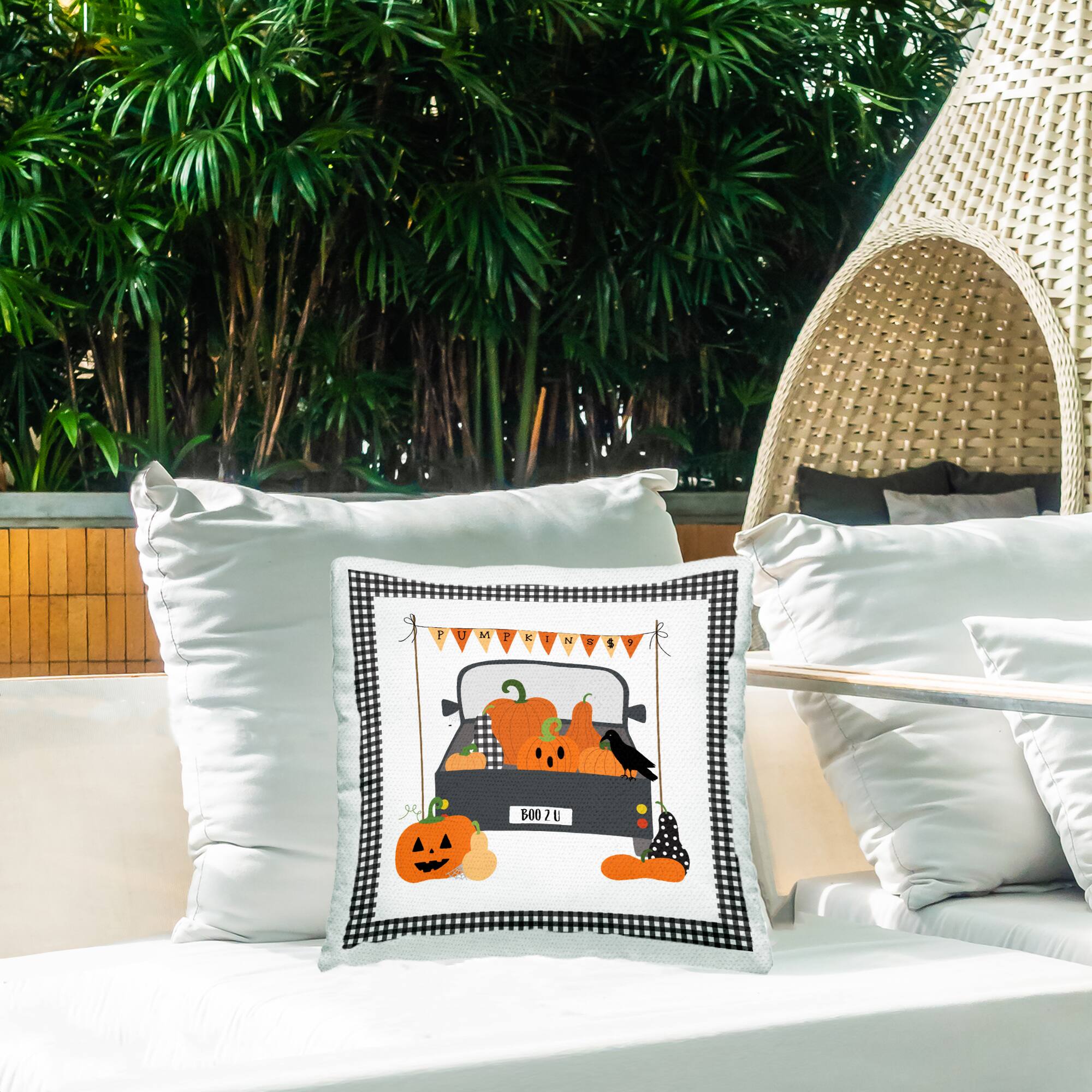 Stupell Industries Pumpkin Truck with Gingham Border Outdoor Printed Pillow