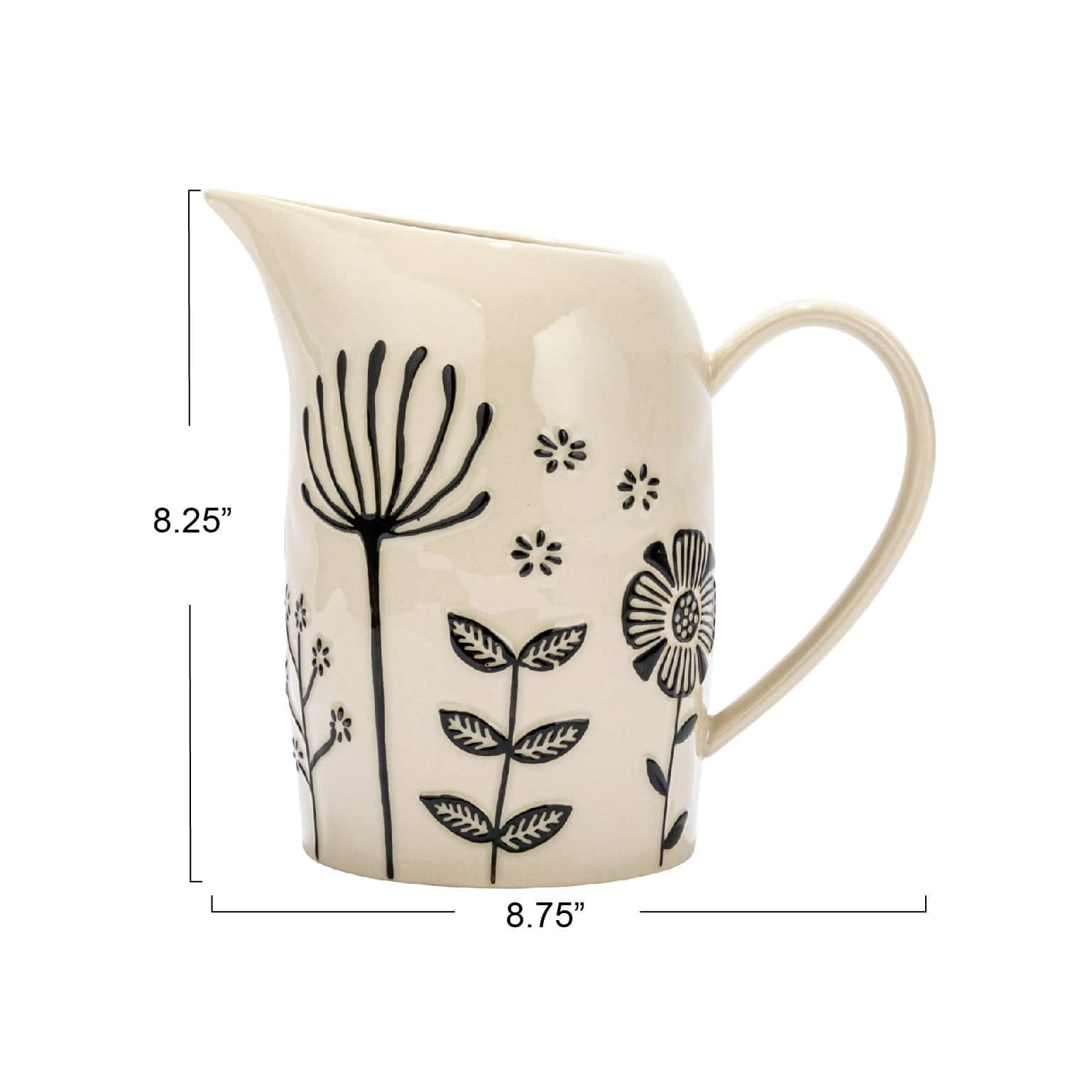 62oz. Cream &#x26; Black Hand-Painted Embossed Flowers Stoneware Pitcher