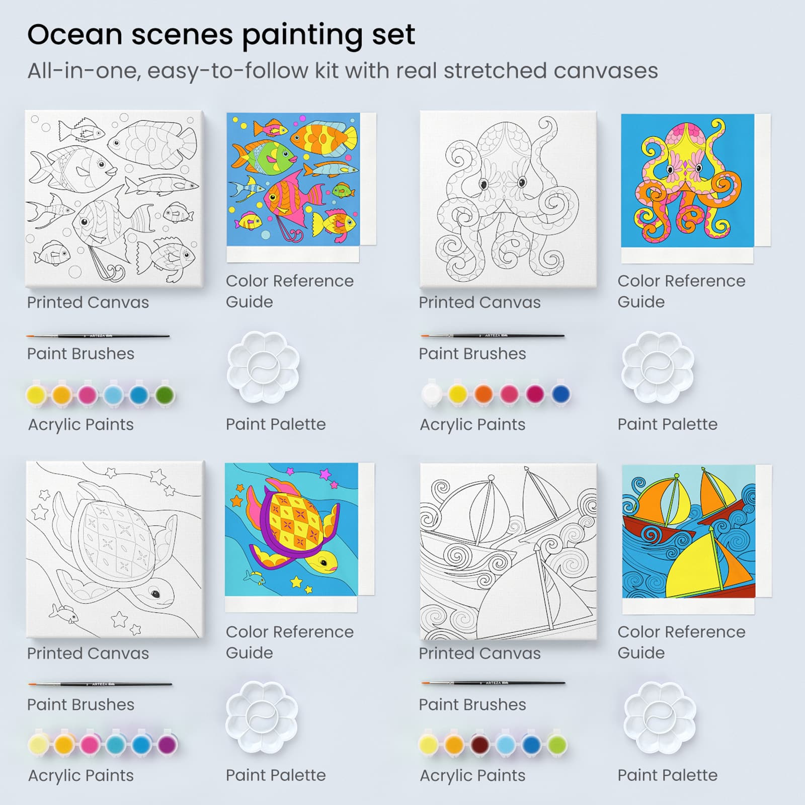Arteza&#xAE; Kids Canvas Paint Kit, 4 8x8 Canvas with Brushes &#x26; Paints Ocean Scenes