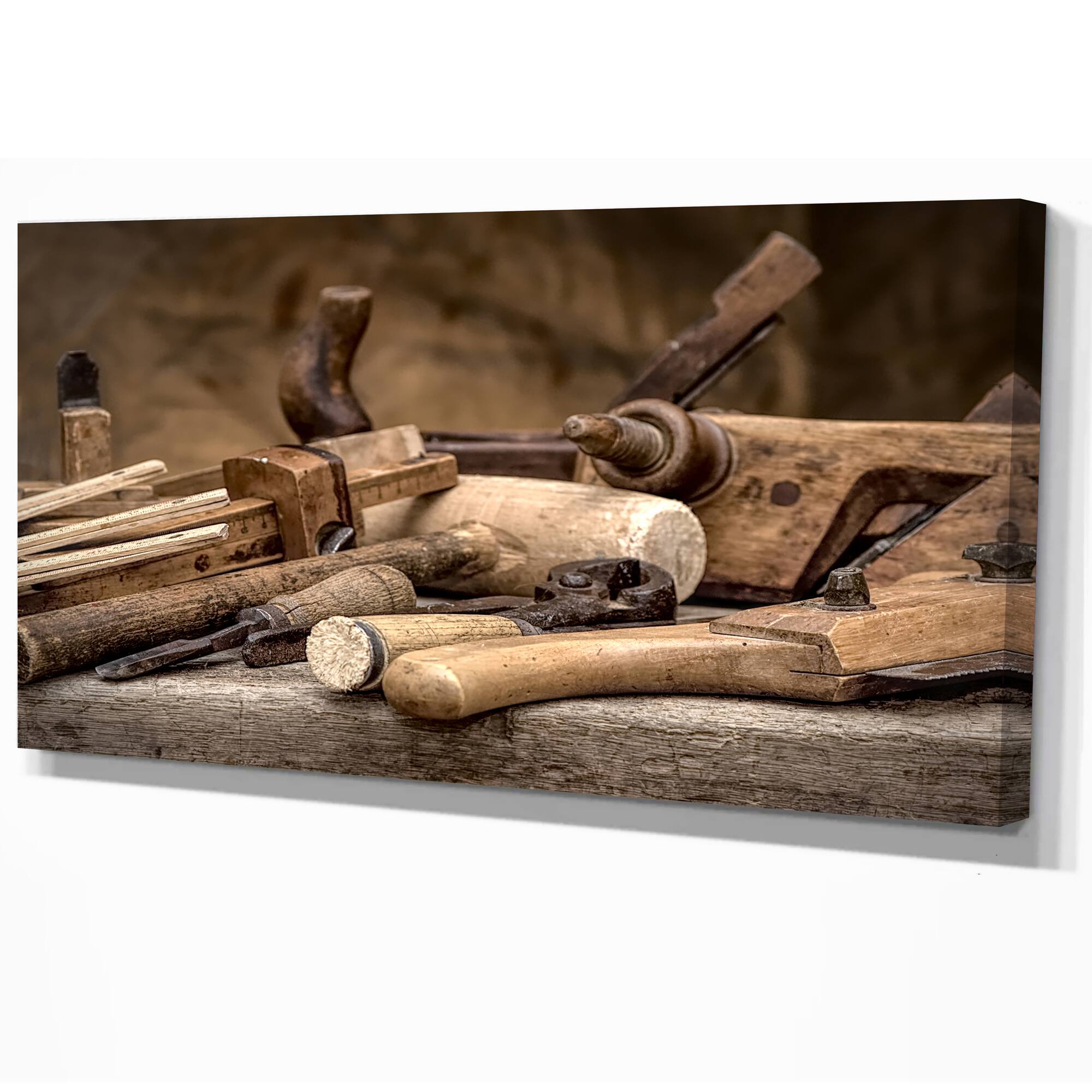 Designart - Vintage woodworking tools - Vintage Painting Print on Wrapped Canvas