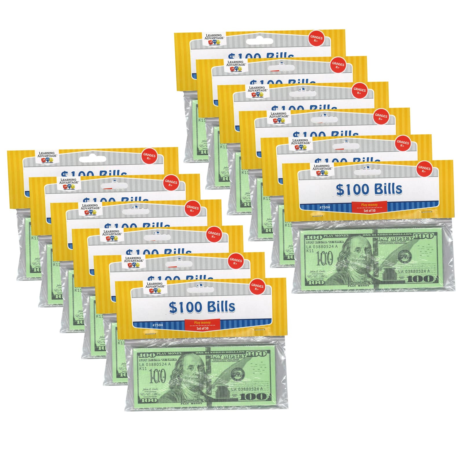 Learning Advantage&#x2122; Play $100 Bills Set, 12 Packs of 50