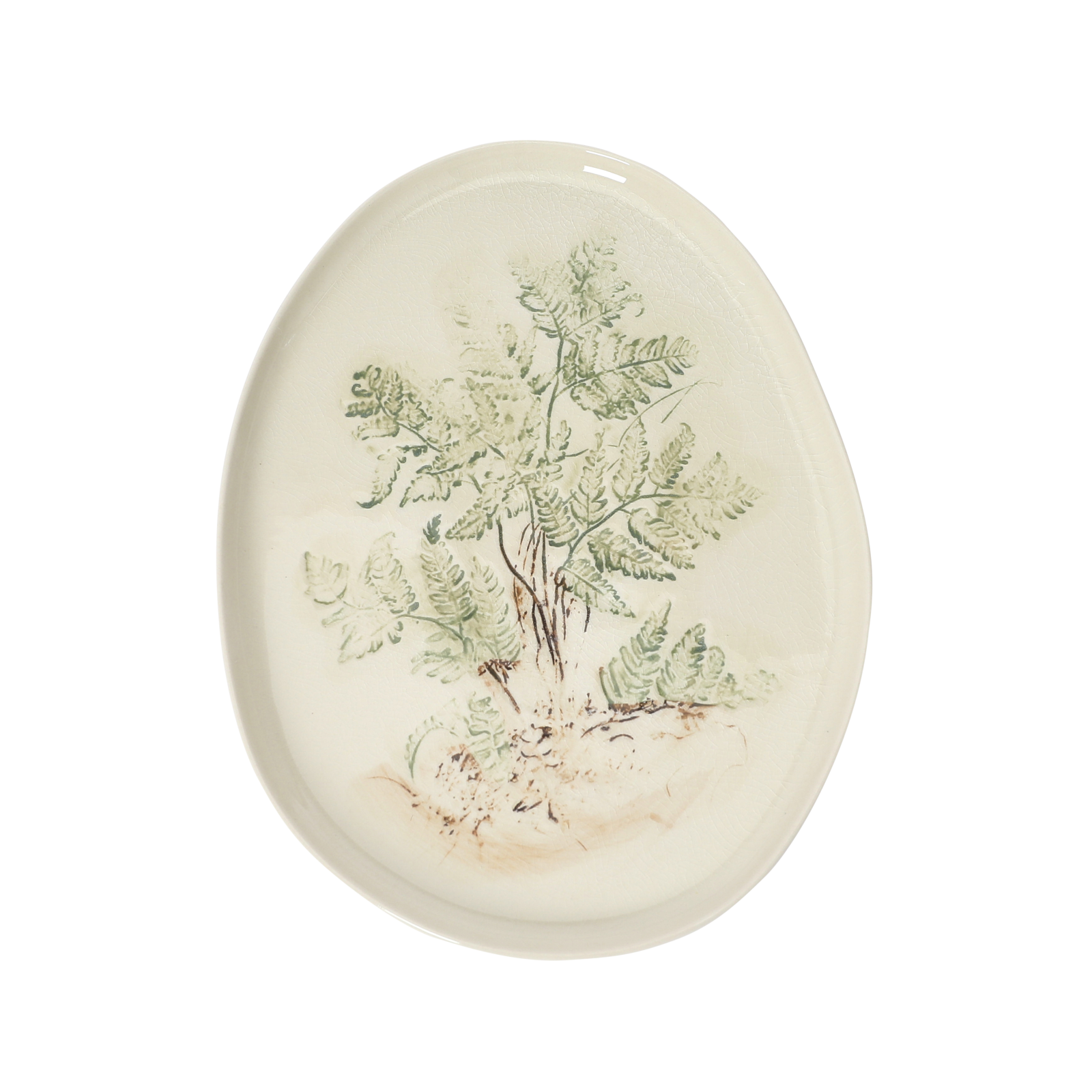 14" Cream & Green Reactive Glaze Oval Debossed Stoneware Platter