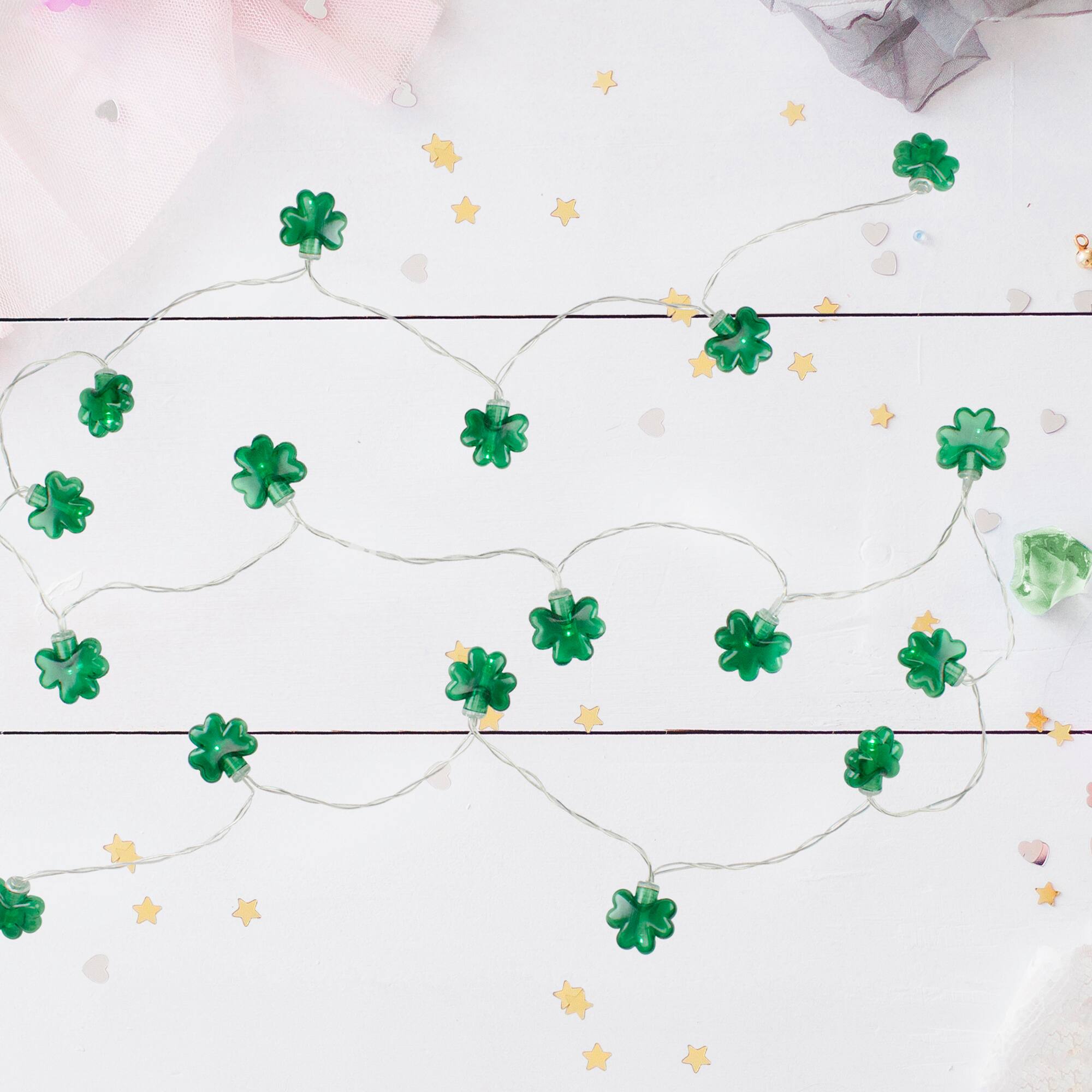 20ct. Green LED Mini St Patrick's Day Shamrock Lights with Timer