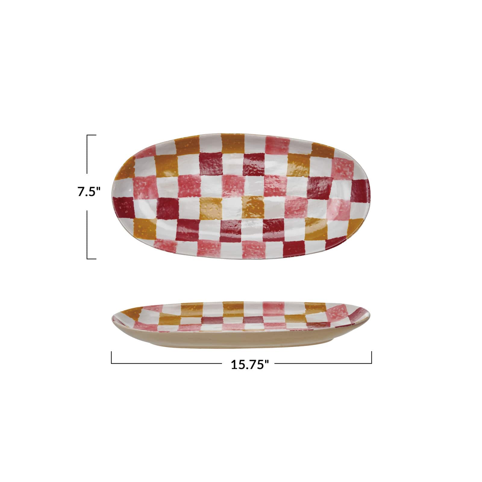 Hello Honey Oval Hand-Painted Stoneware Platter with Check Pattern, Multicolor
