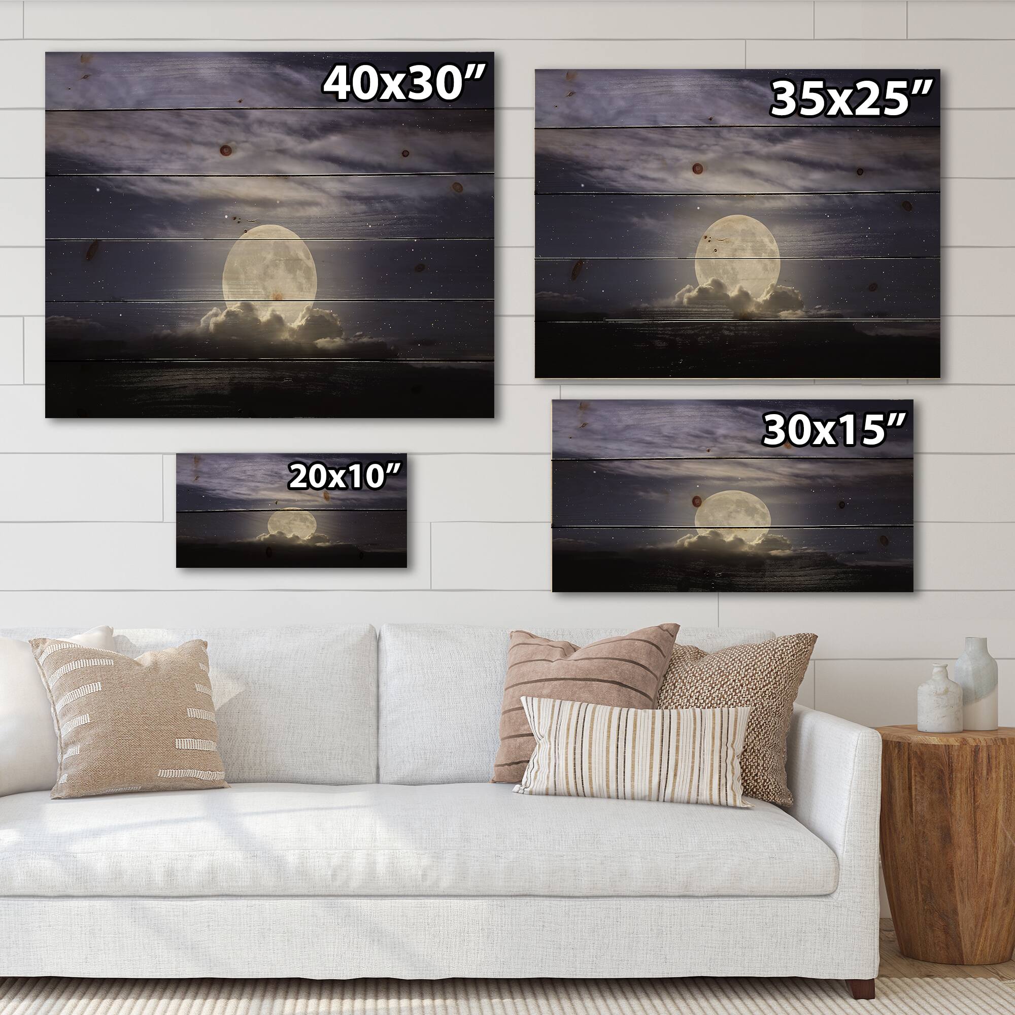 Designart - Full Moon Rising In A Cloudy Night - Nautical &#x26; Coastal Print on Natural Pine Wood