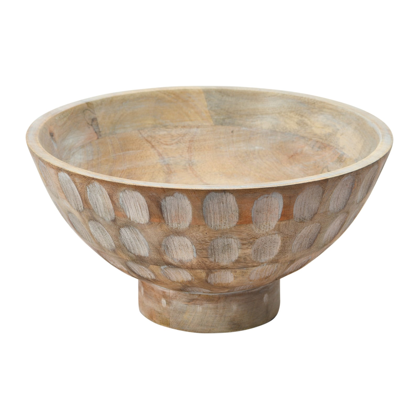 6&#x22; Whitewashed Footed Mango Wood Bowl with Carved Circle Accents