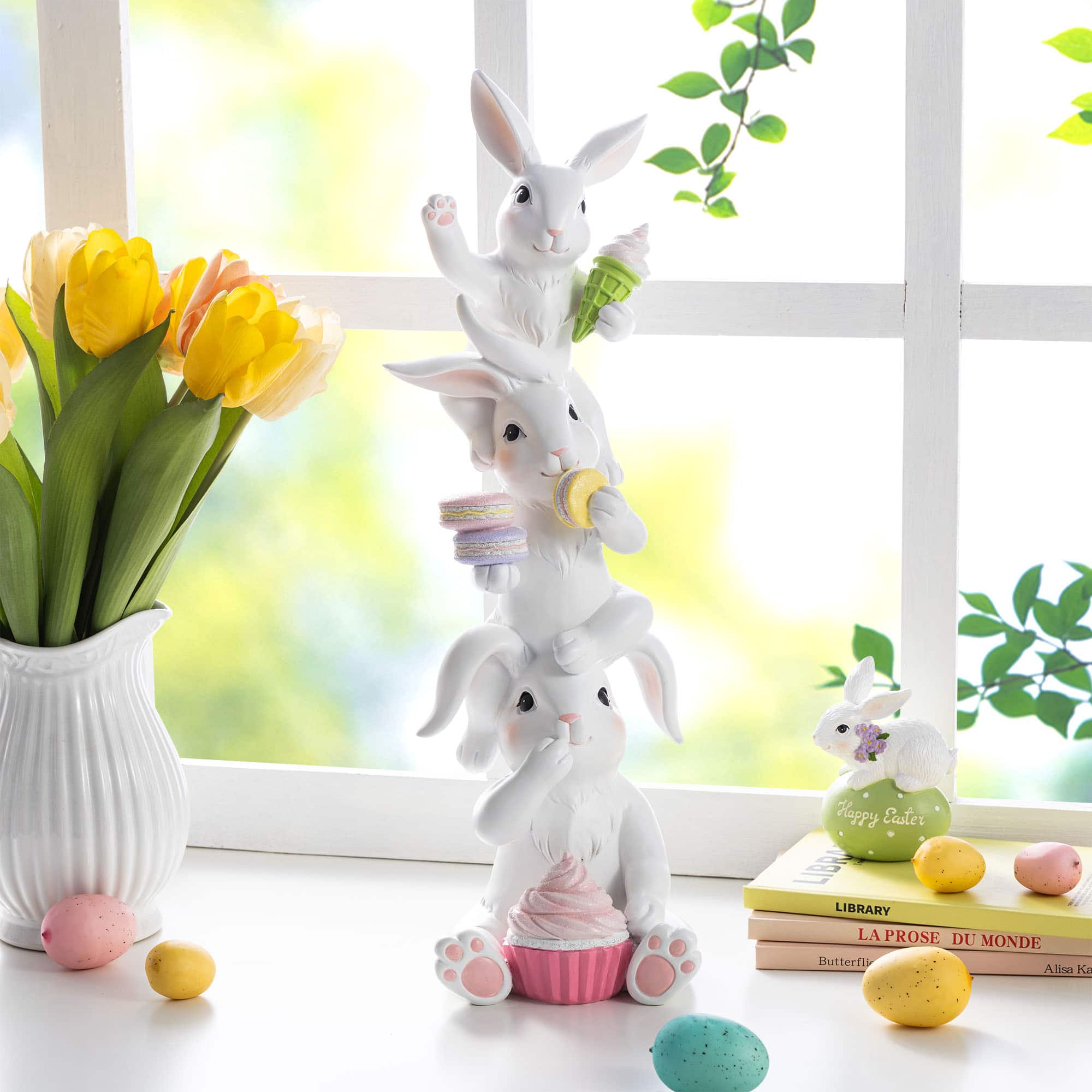 Glitzhome® 17.5" Easter Resin Stacked Bunny with Macaron Table Decor