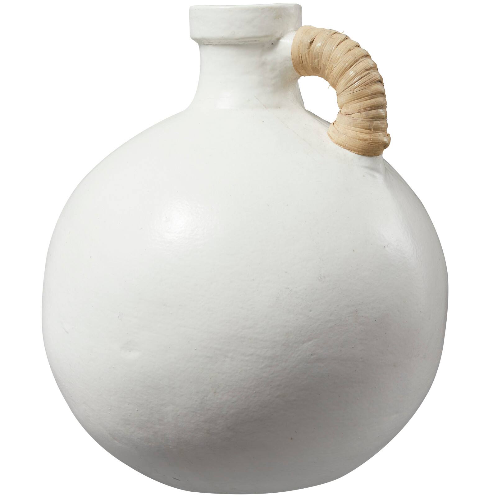 11" White Ceramic Jug Inspired Vase with Rattan Wrapped Handle