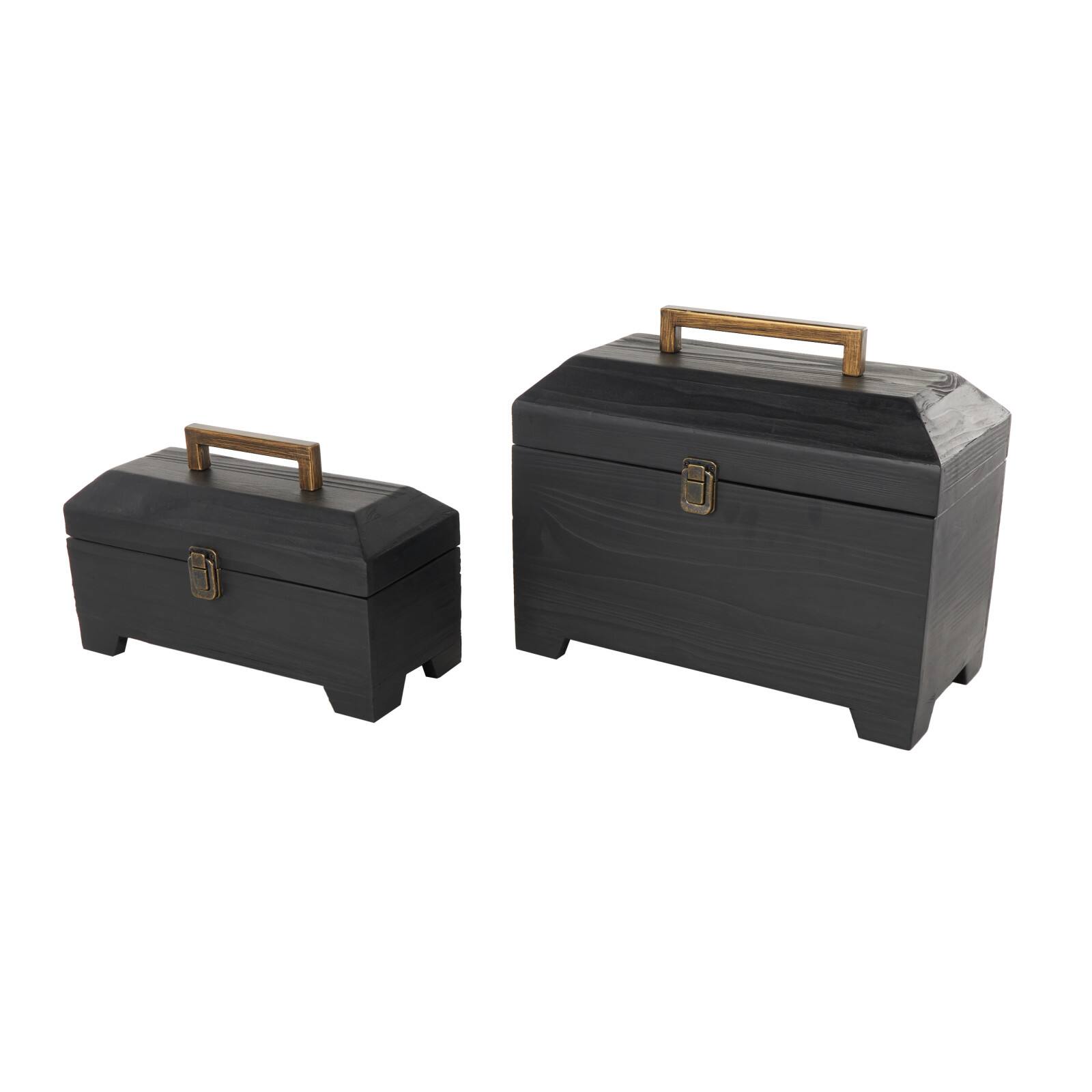 Black Wood Handmade Decorative Box Set with Brass Latches and Handle
