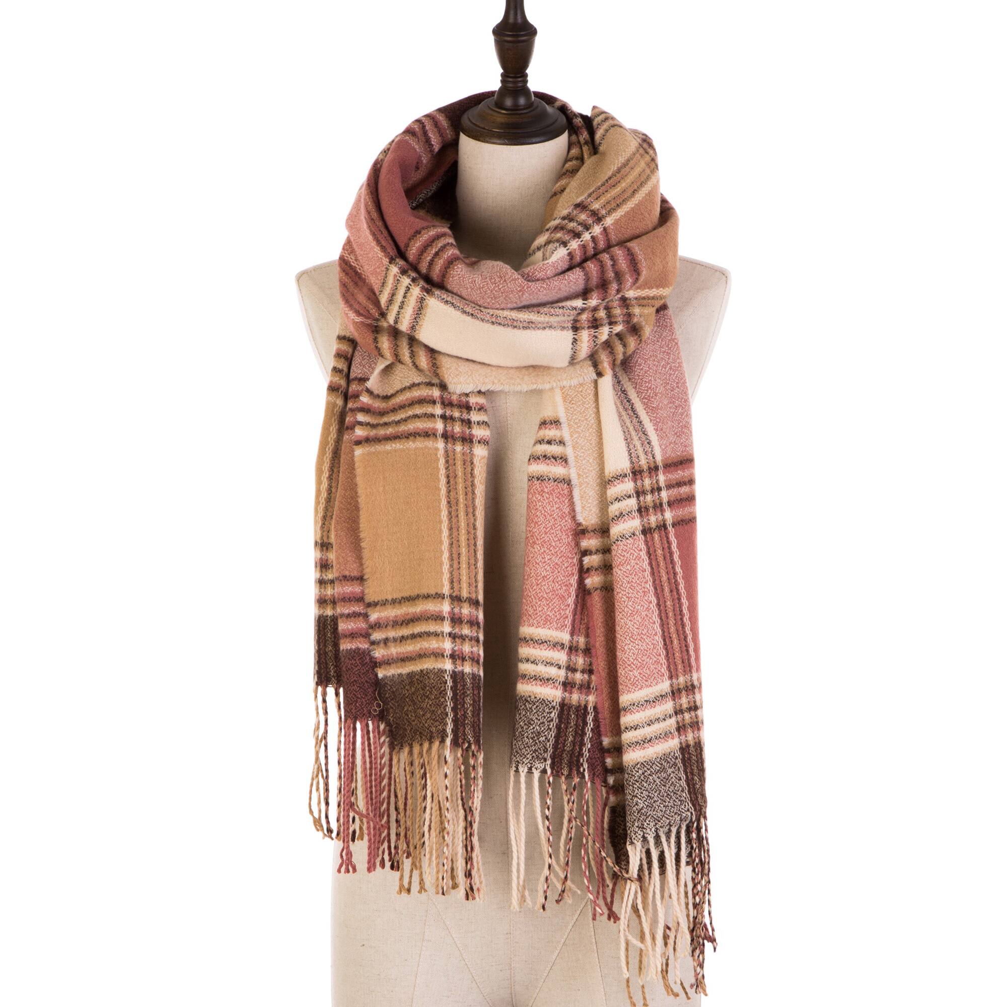 Glitzhome&#xAE; 77&#x22; Pink, Cream &#x26; Gray Plaid Scarf with Tassels