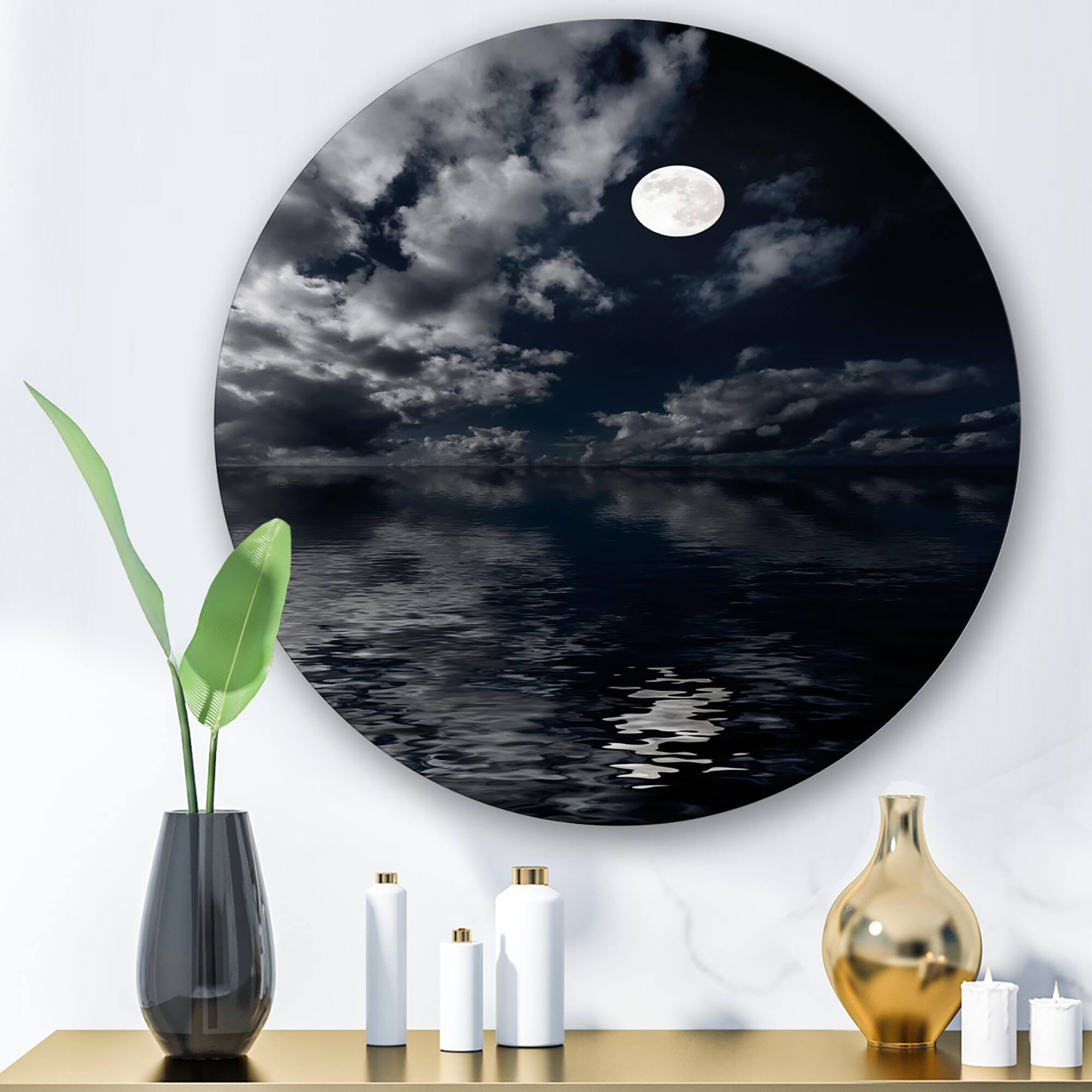 Designart - Full Moon In Cloudy Night Sky IV - Nautical & Coastal Metal Circle Wall Art