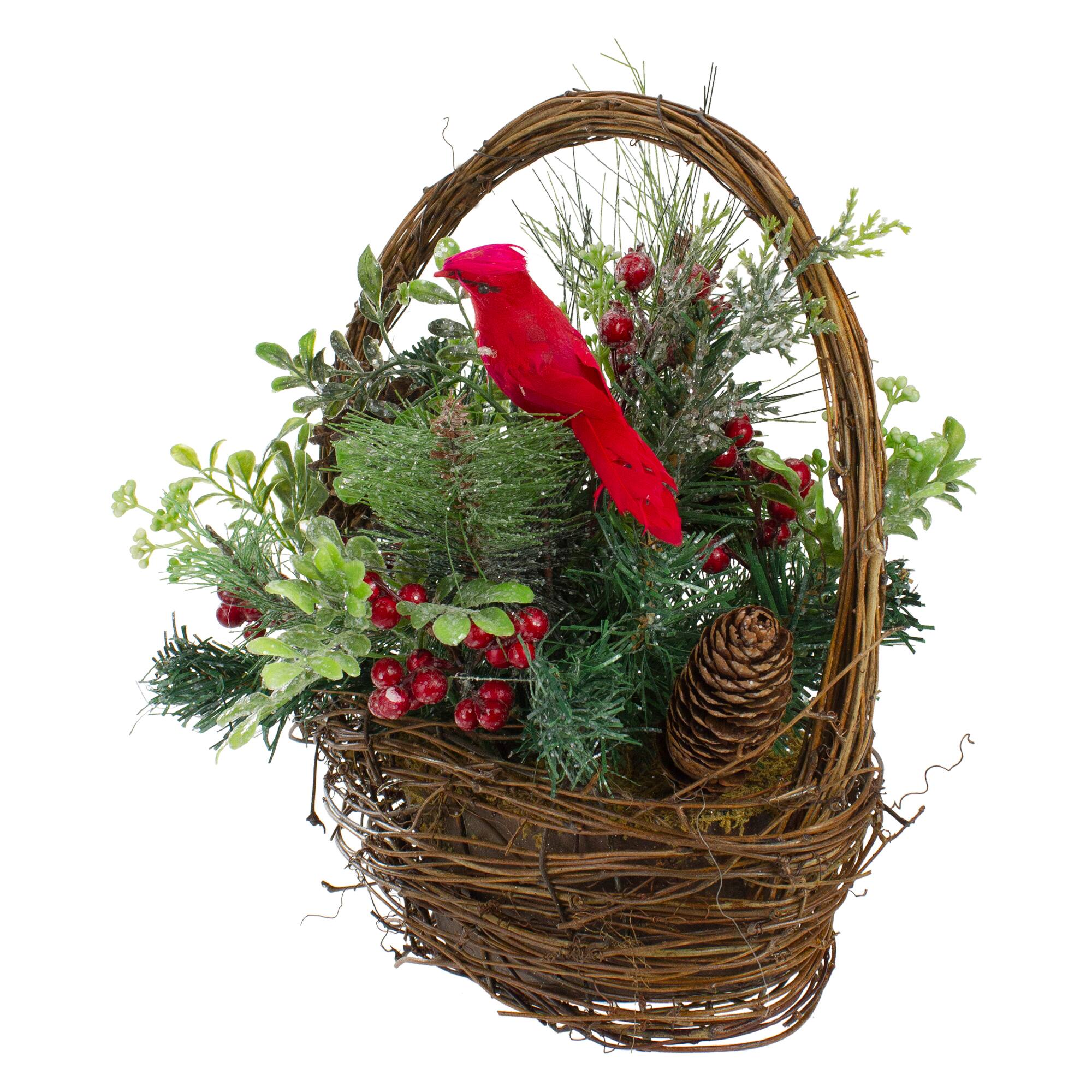 12" Red Cardinal with Foliage in Twig Basket Decoration