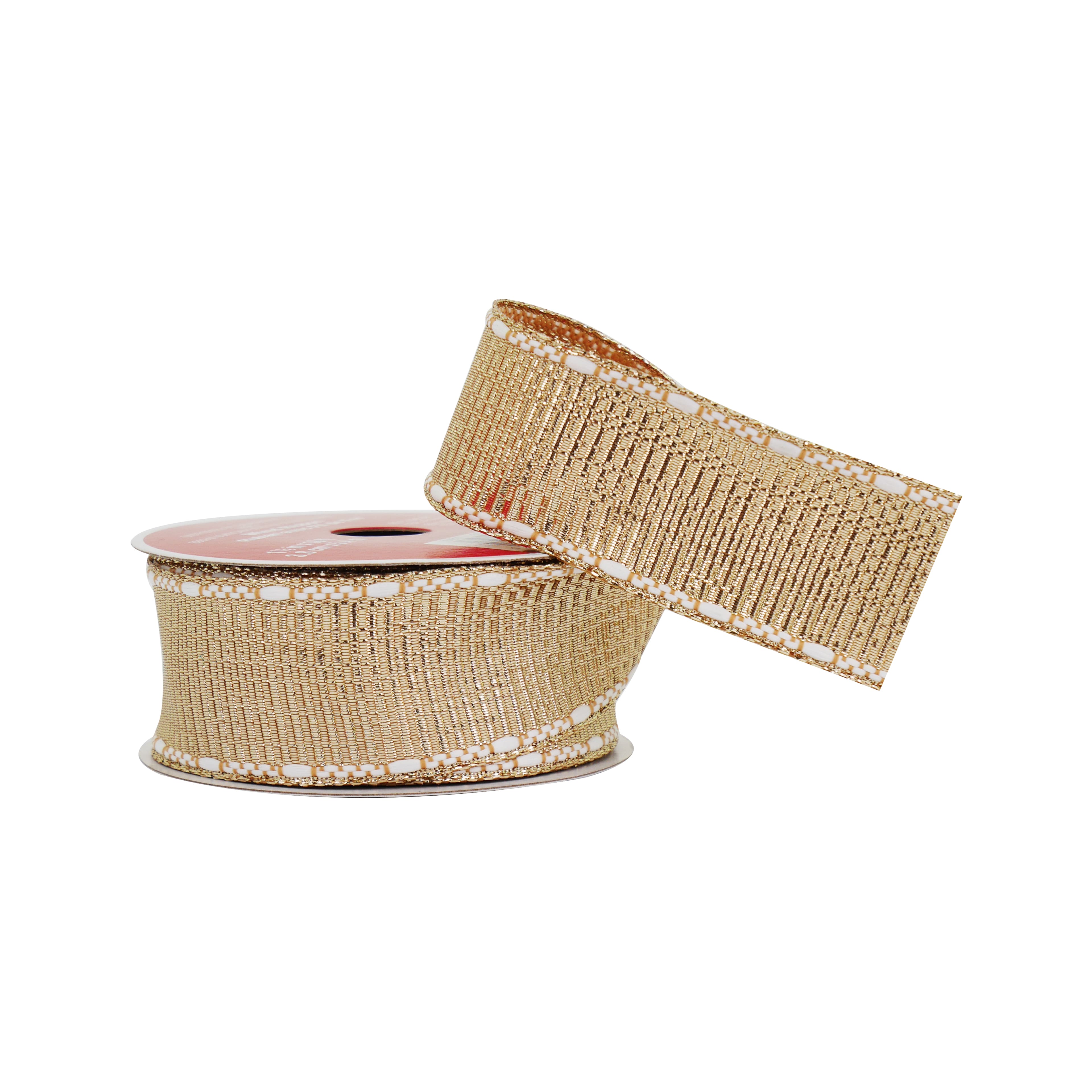 1.5" x 18ft. Gold & White Stitch Wired Metallic Ribbon by Celebrate It®