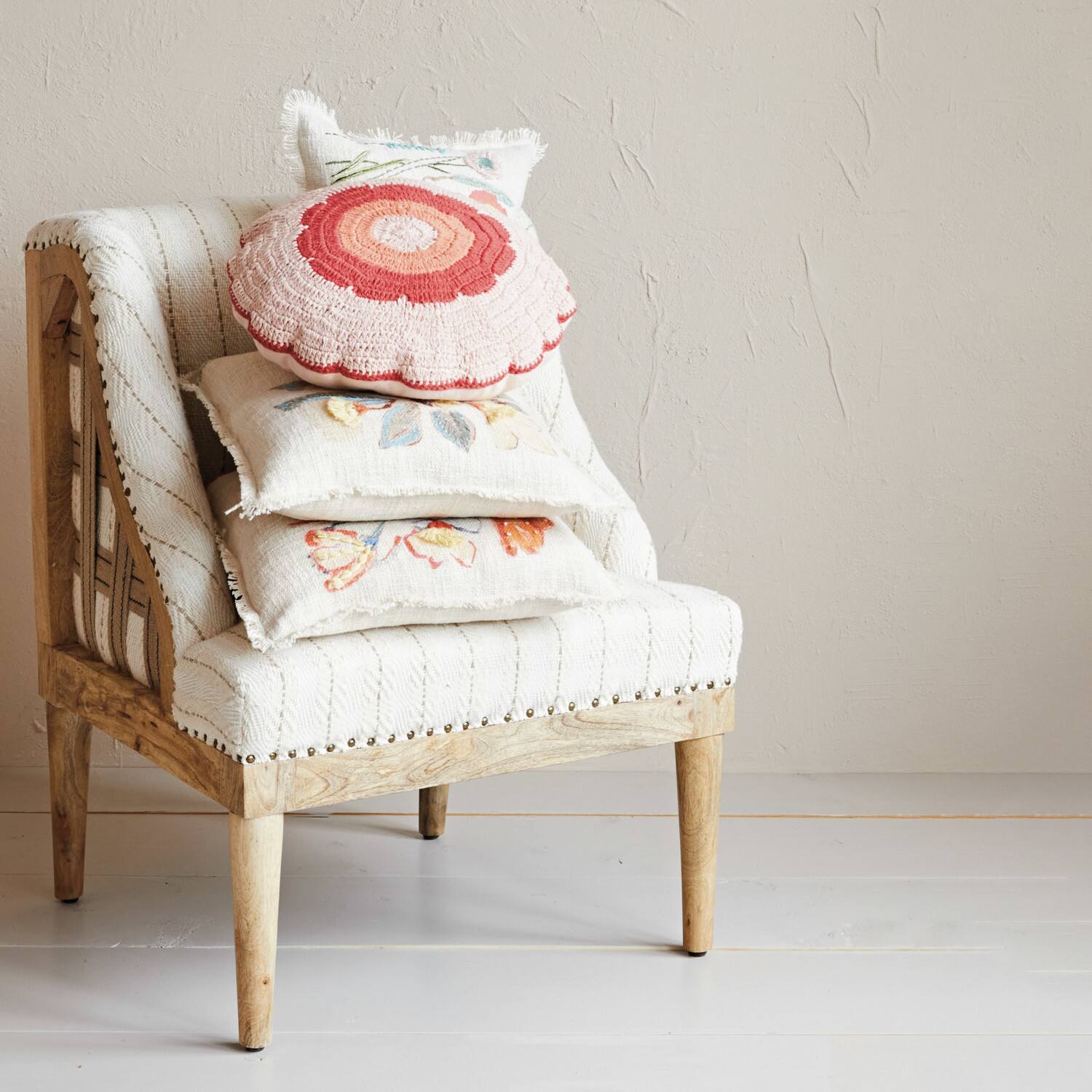 Hello Honey&#xAE; 18&#x22; Pink &#x26; Orange Crocheted Pillow with Scalloped Edge