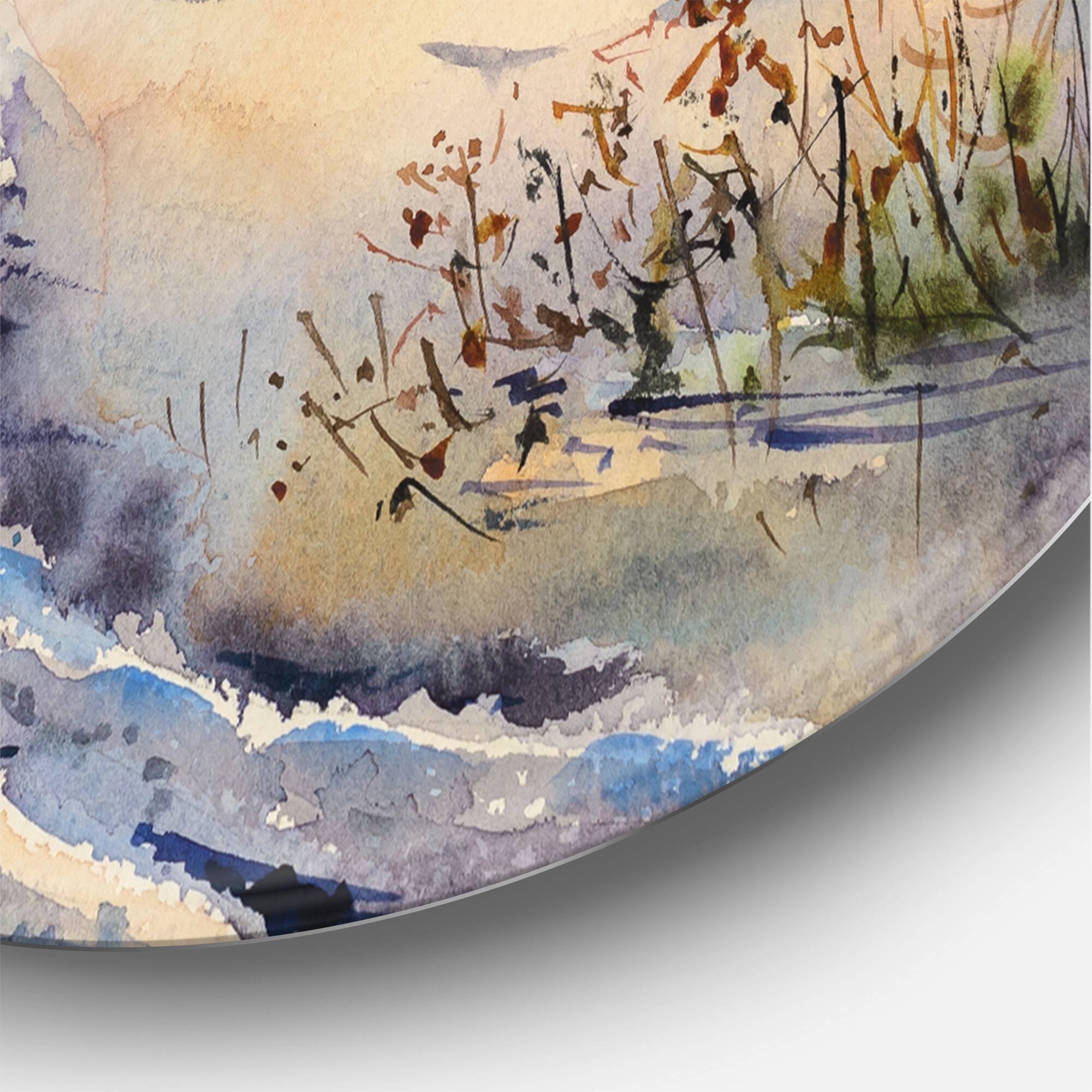 Designart - Snowy Winter Forest Landscape Country Road In Snow - Traditional Metal Circle Wall Art