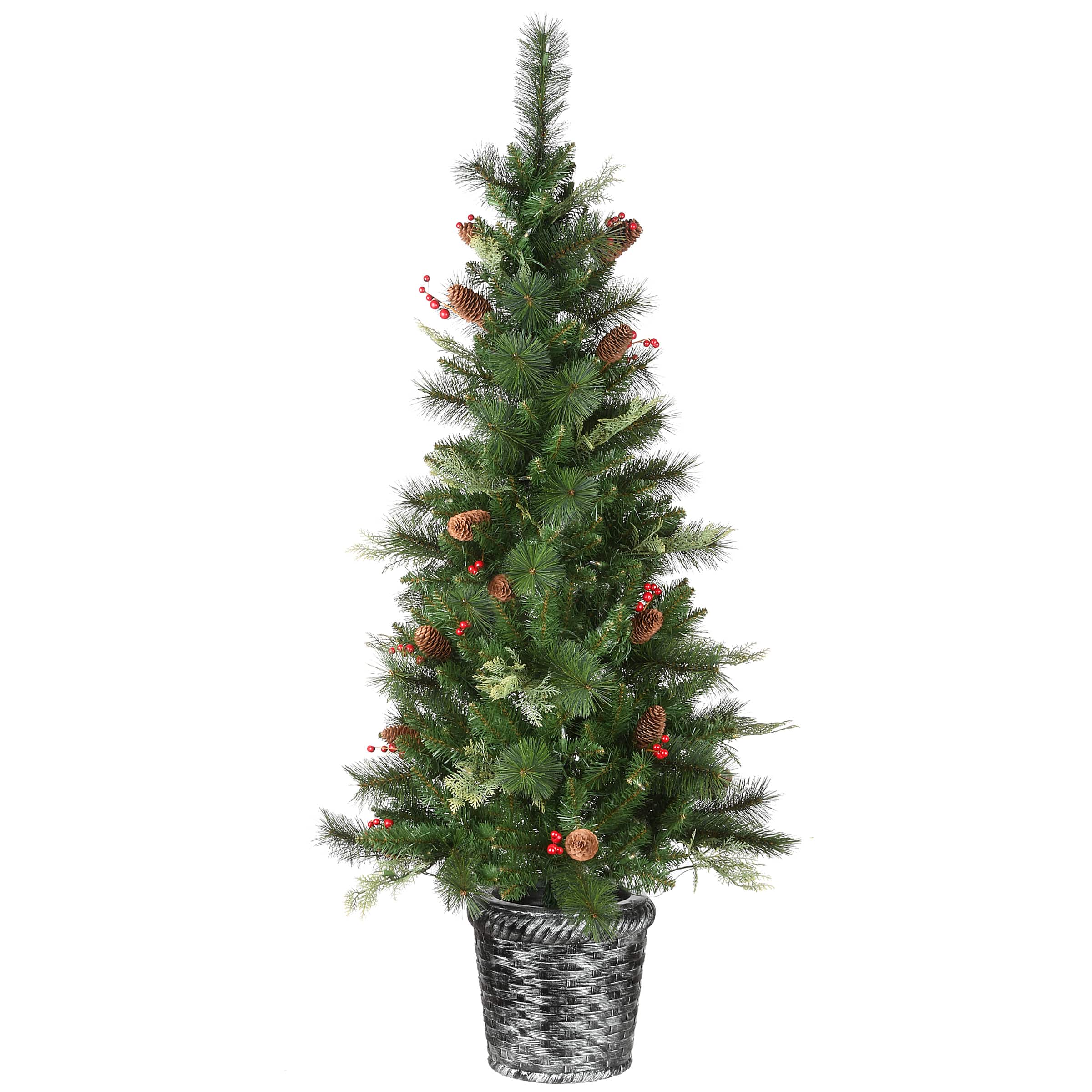 5ft. Pre-Lit Buzzard Pine Artificial Christmas Tree in Woven Planter, Warm White LED Lights
