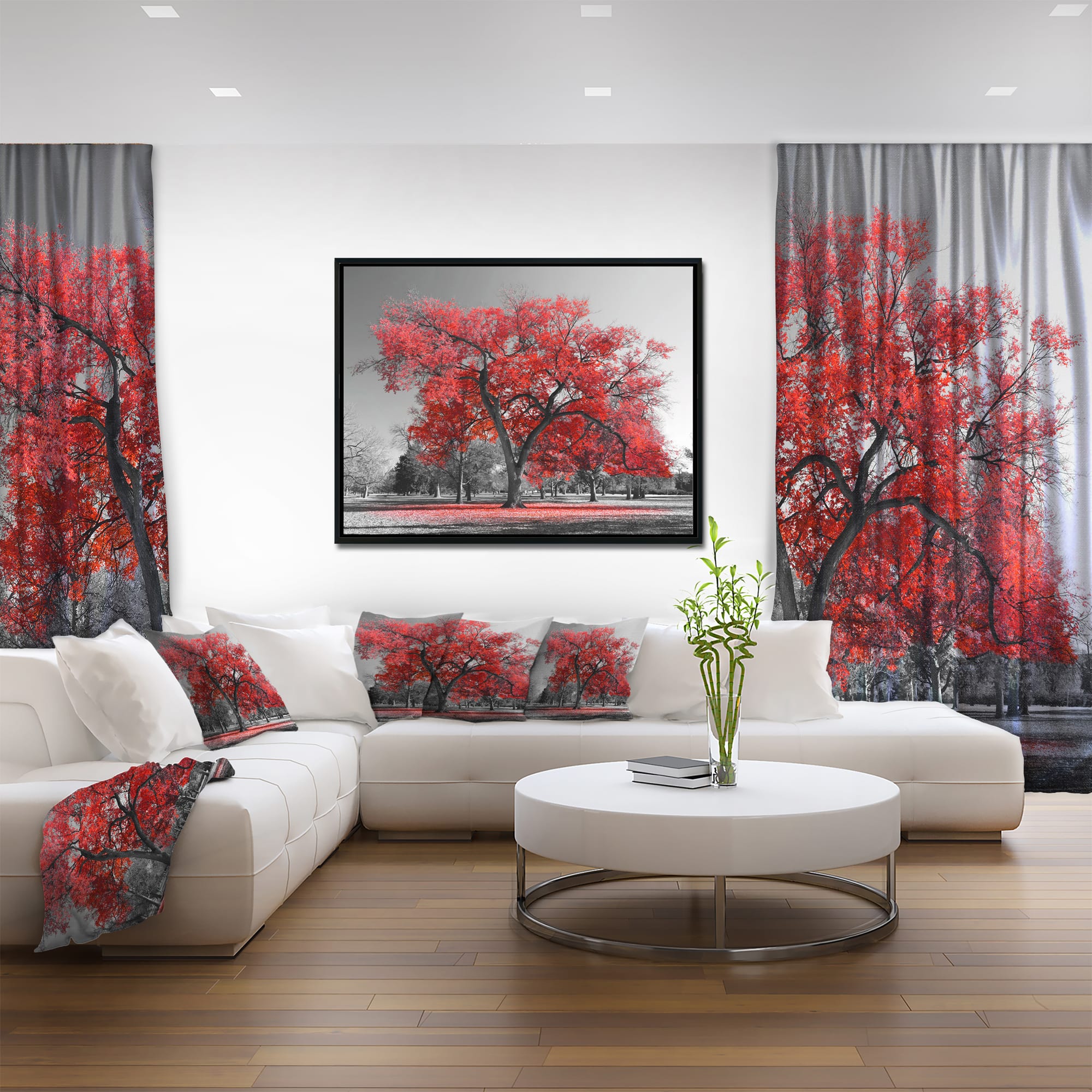Designart - Big Red Tree on Foggy Day - Landscape Framed Canvas Art Print