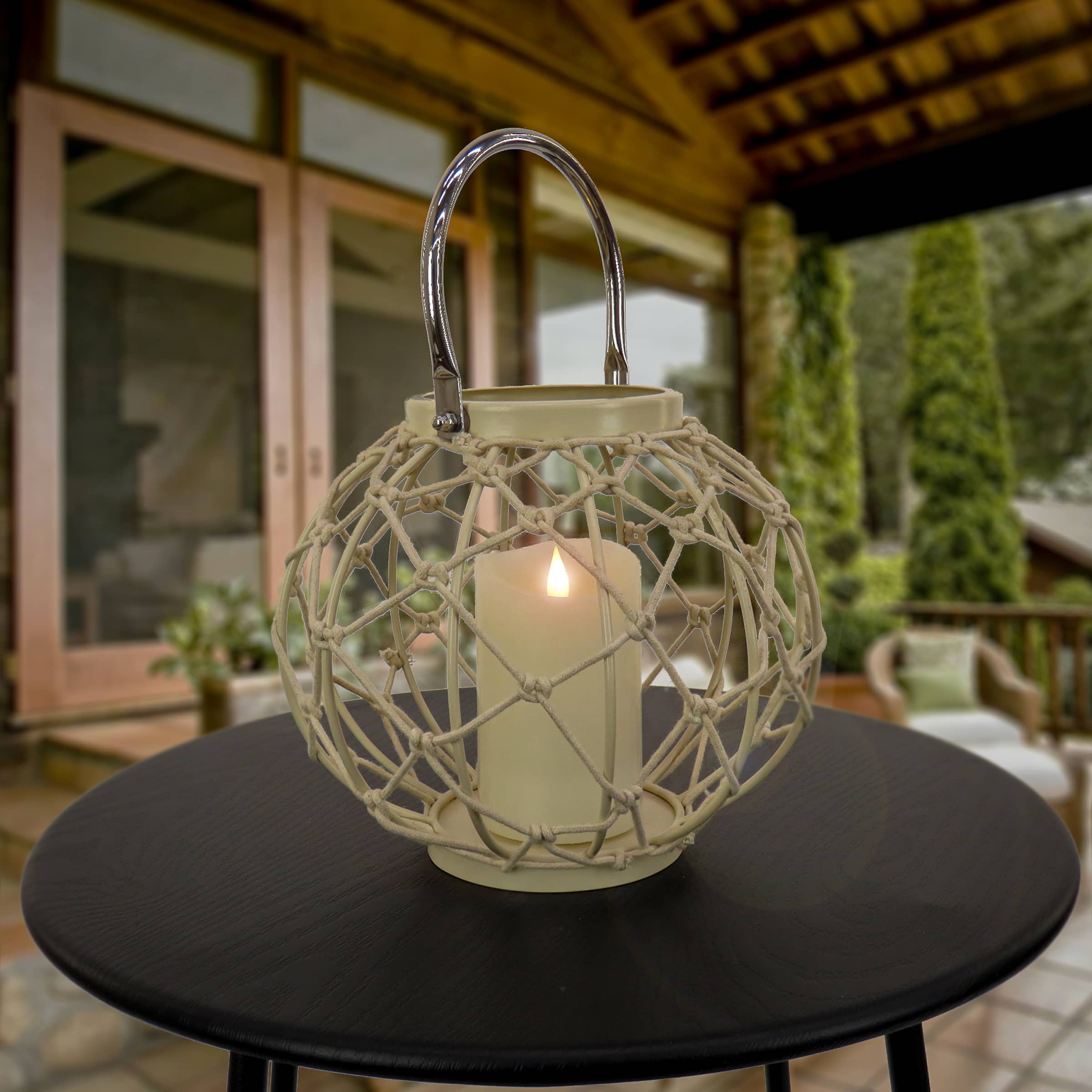 Bleached Sand Round Rope Weave Candle Lantern