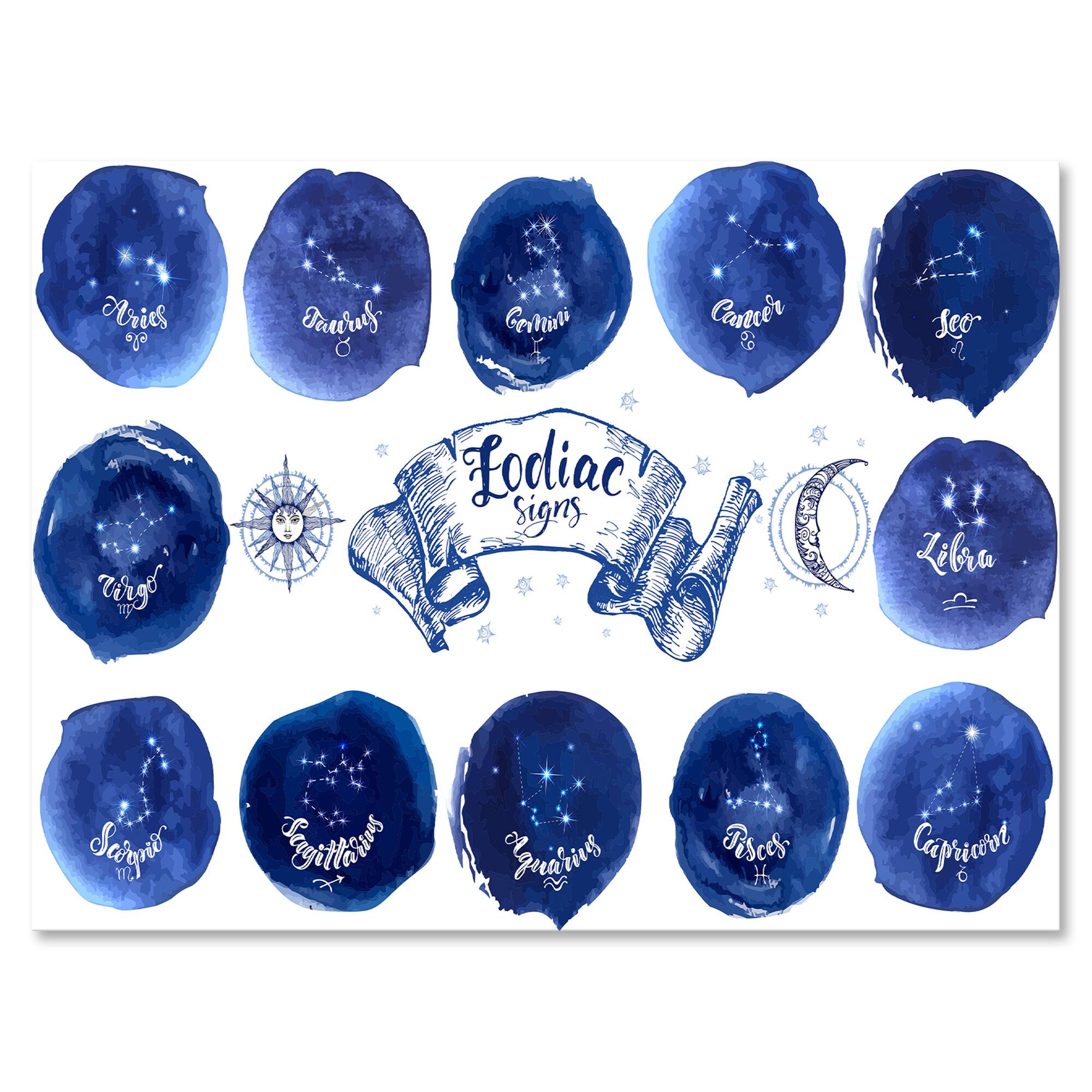 Designart - Collection of Astrology Signs On Blue - Modern Canvas Wall Art Print