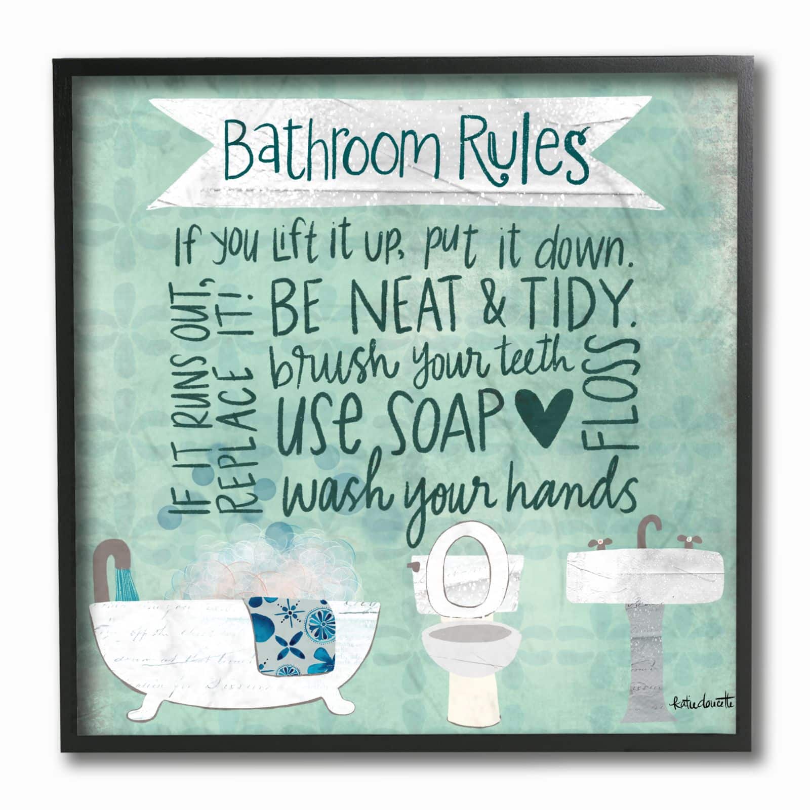 Stupell Industries Aqua Blue Bathroom Rules Collage Look Typography Framed Wall Art
