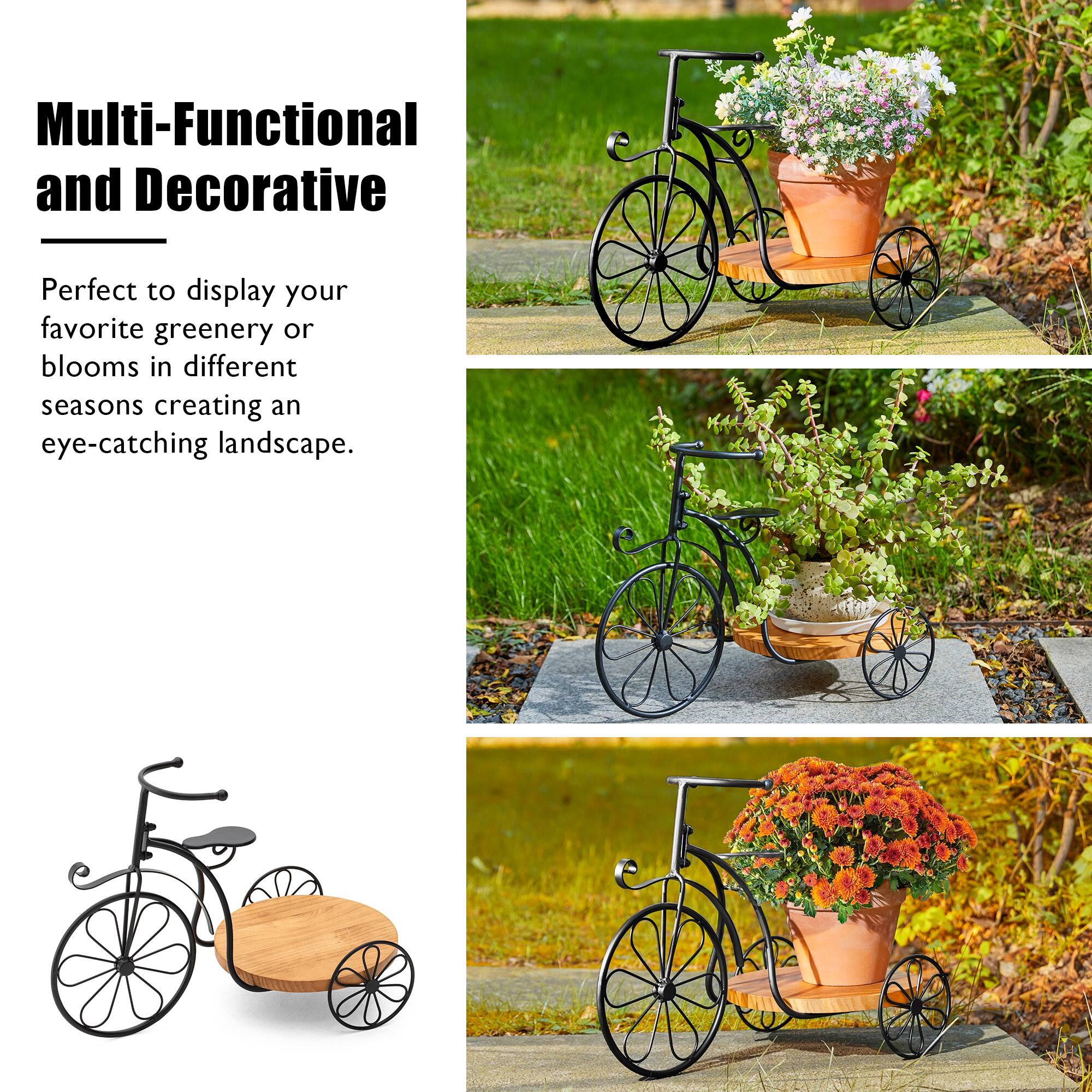 Glitzhome&#xAE; 18&#x22; Black Metal Tricycle Planter Stand with Solid Wood Tray