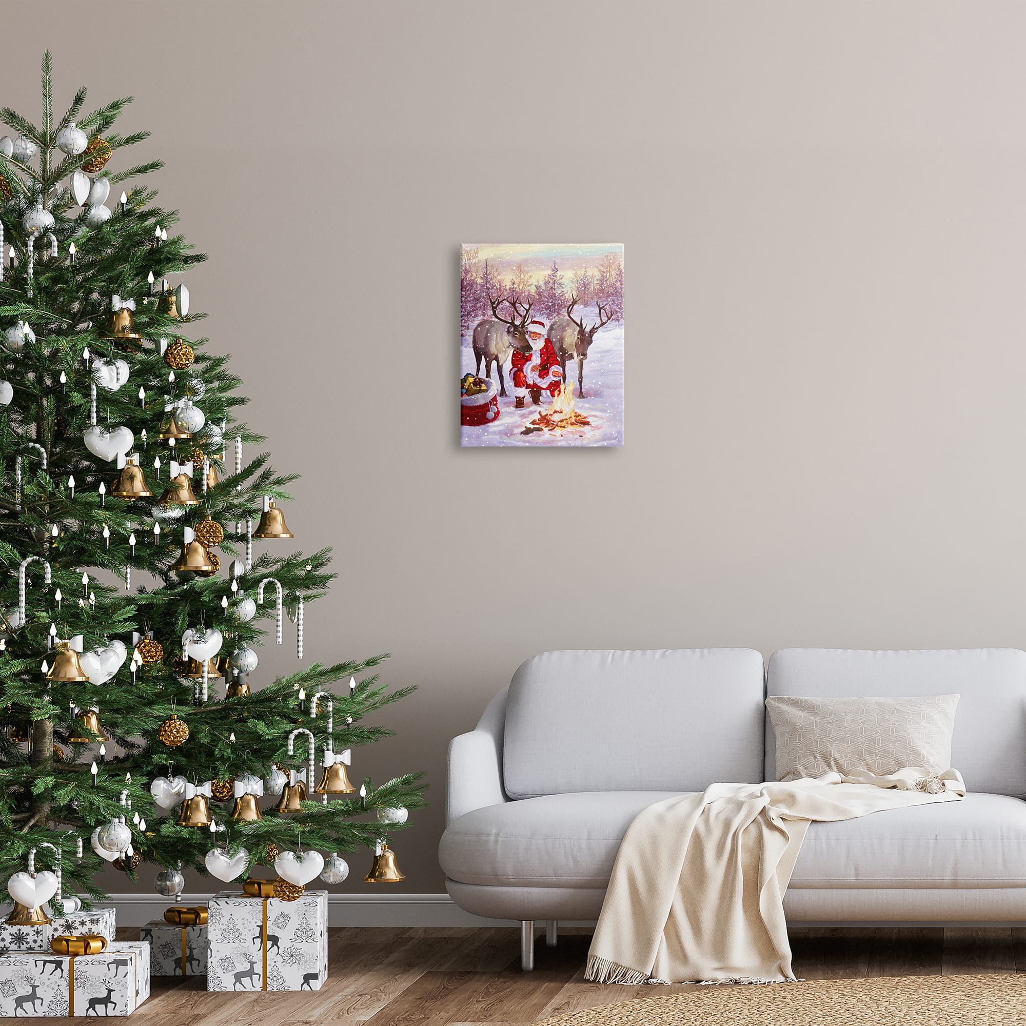Stupell Industries Santa &#x26; Reindeer Bonfire Scene Canvas Wall Art
