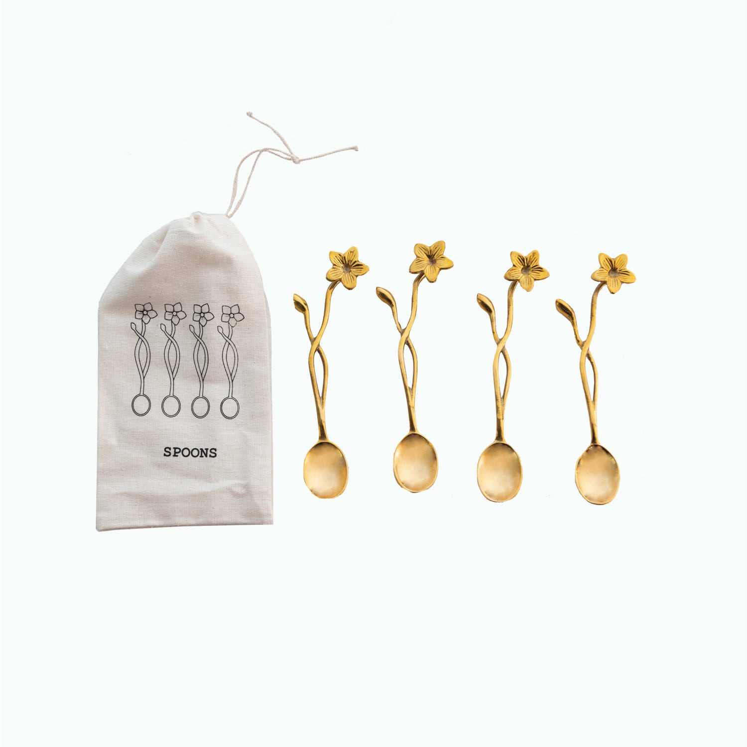 Farmhouse Brass Finish Spoons with Flower Handles in Drawstring Bag