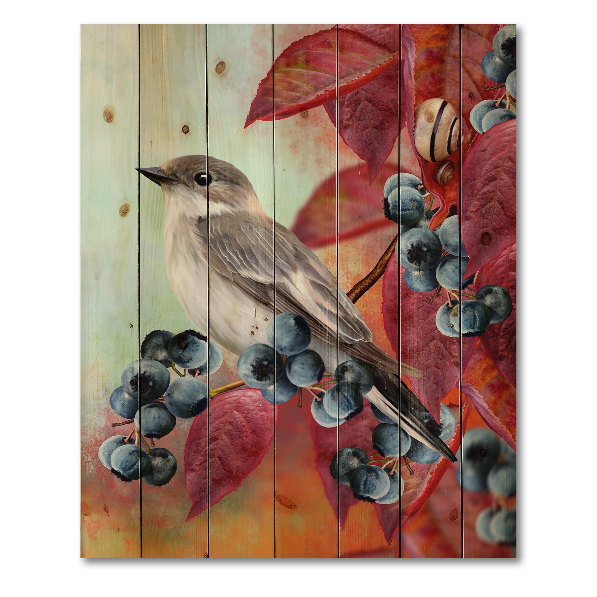 Designart - Little Gray Bird On Red Autumn On Blueberry Twig - Traditional Print on Natural Pine Wood
