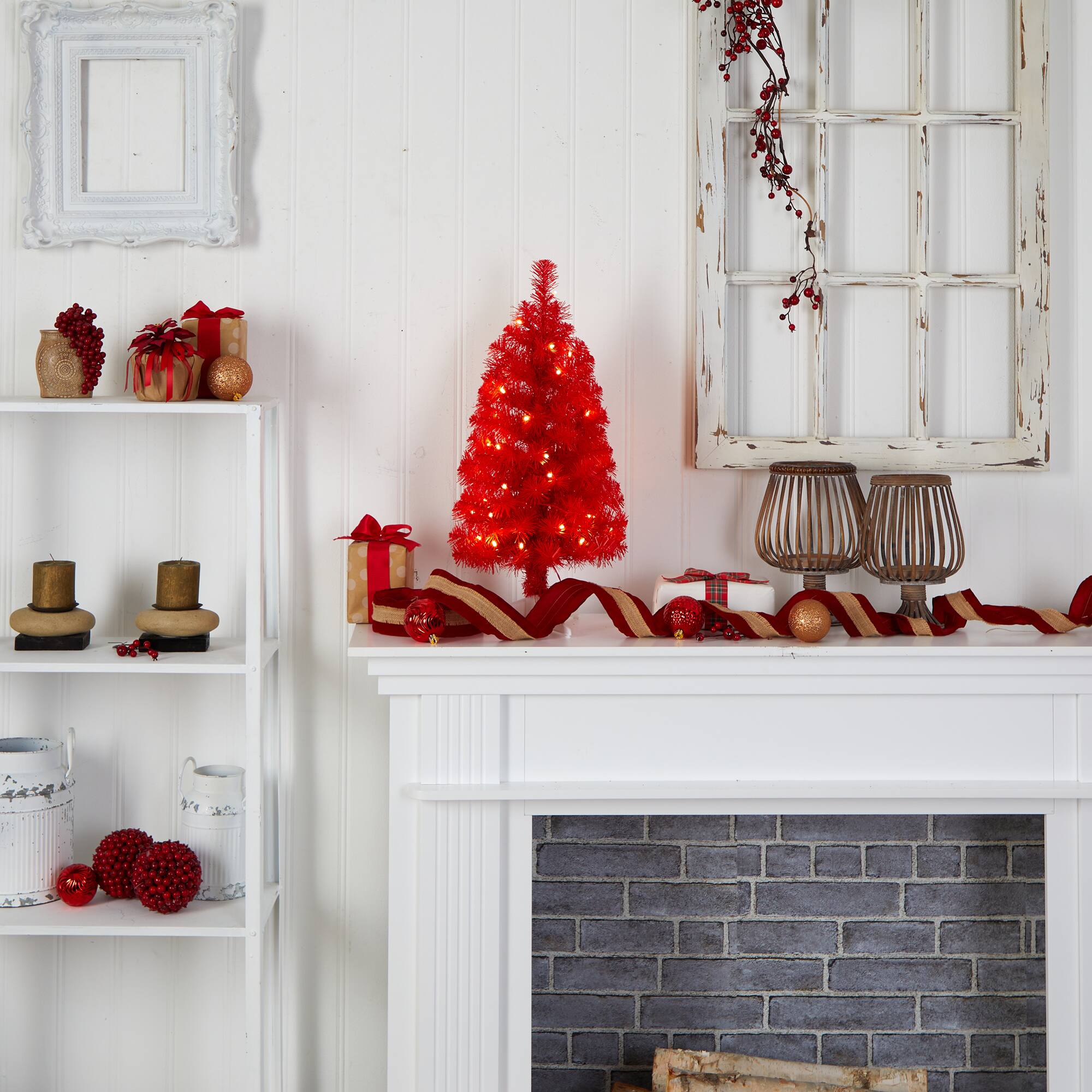 2ft. Pre-Lit Red Artificial Christmas Tree, Warm White LED Lights